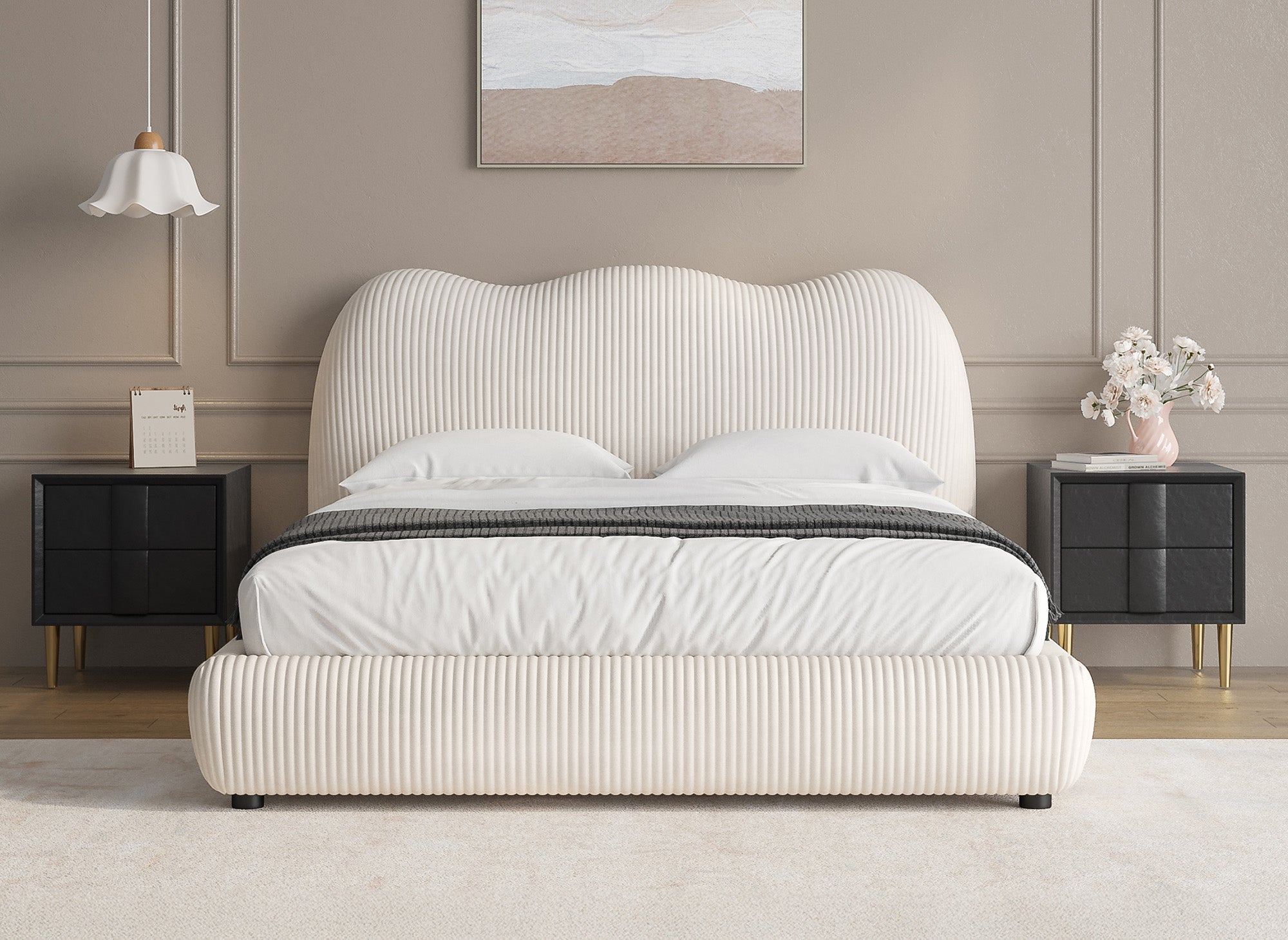 Cama doble SARA de pana gruesa color beige, 140 x 190 cm