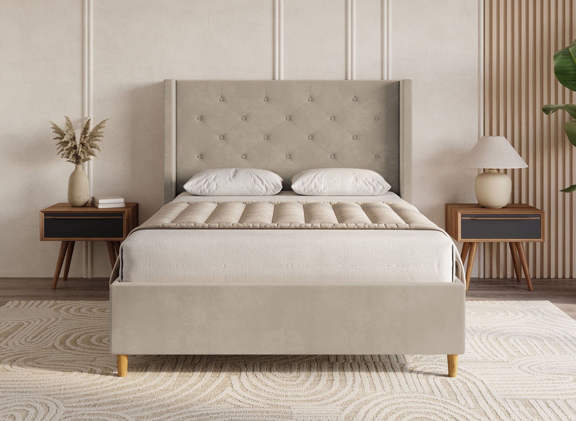 Cama doble tapizada en terciopelo color topo MAREVA de 160x200 cm