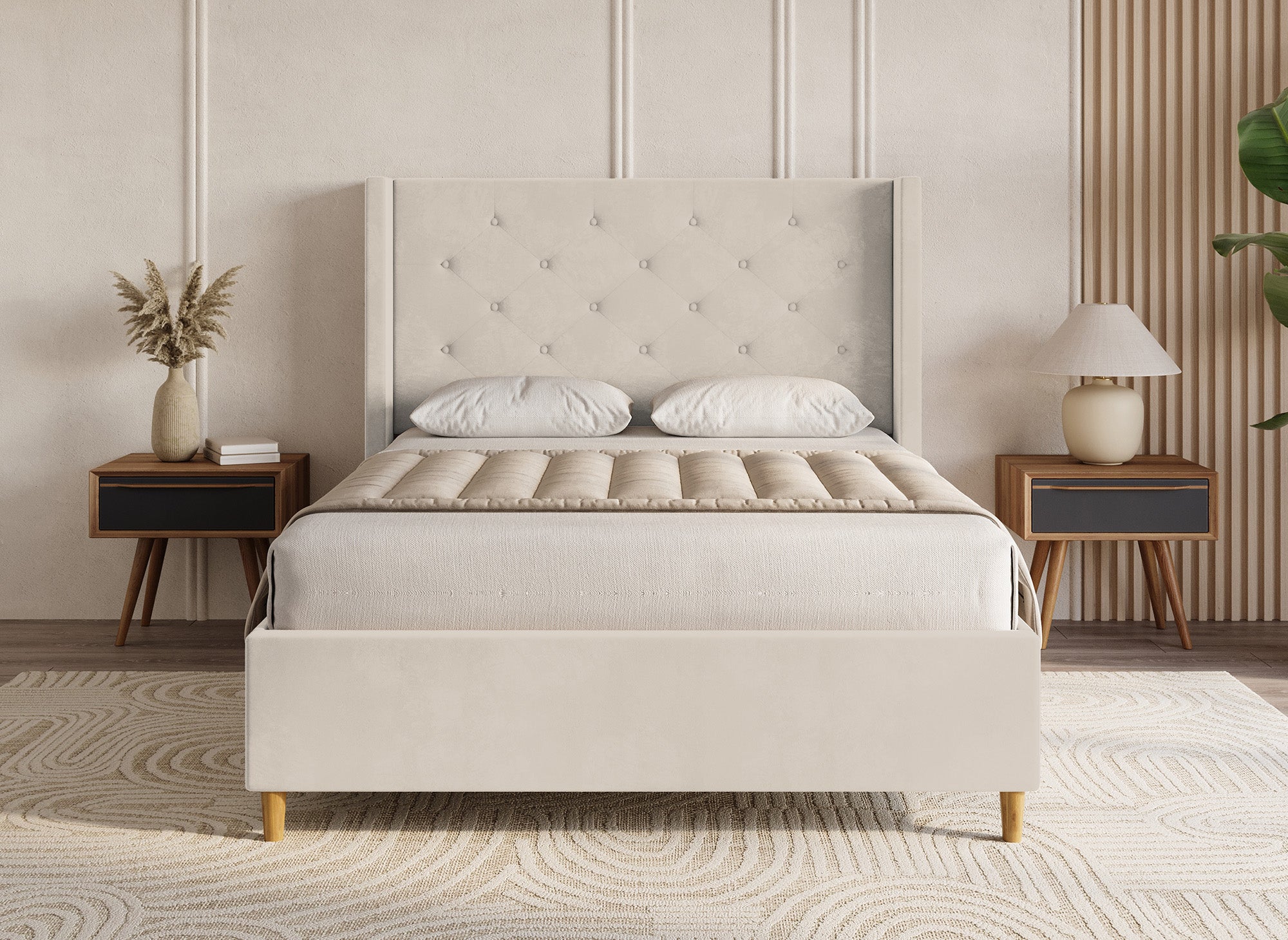 Cama doble MAREVA de 160x200 cm en terciopelo capitoné beige