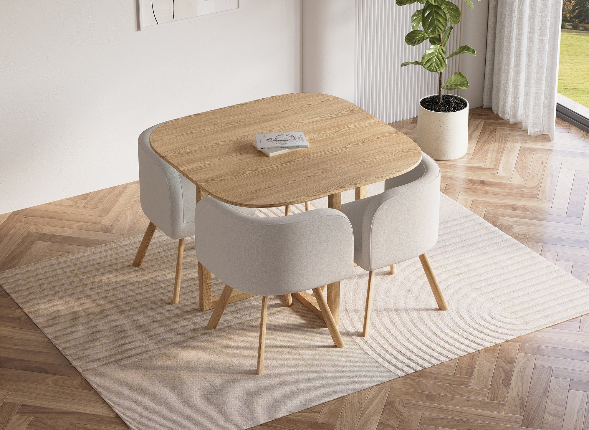 Juego de mesa y 4 sillas apilables FLEN color beige