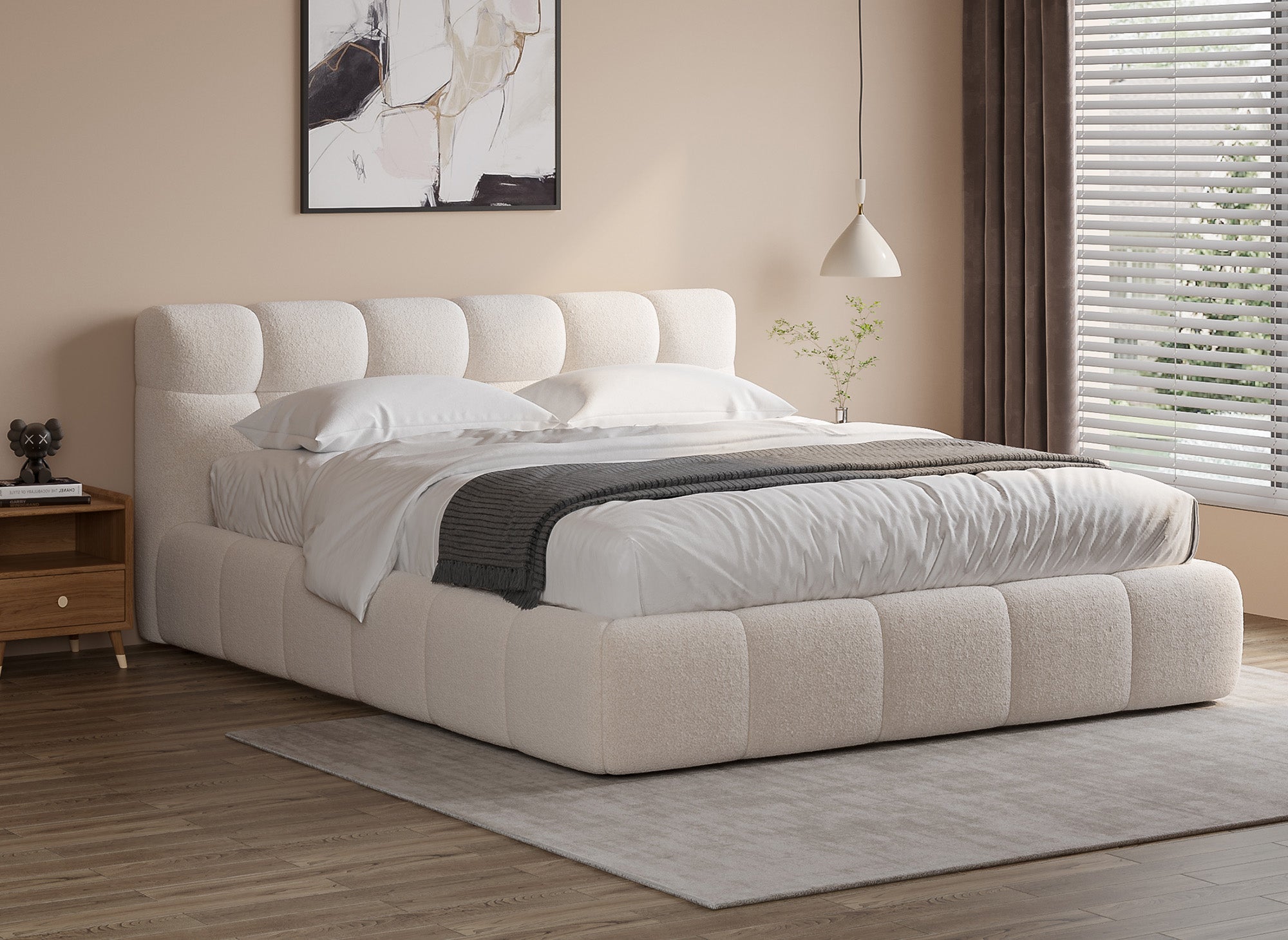 Cama doble GEORGINA de tejido bouclé crudo 160x200 cm