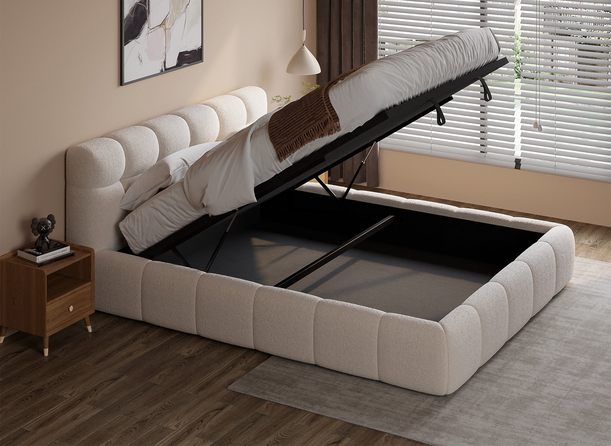 Cama contenedor de tela bouclé crudo GEORGINA 180x200 cm