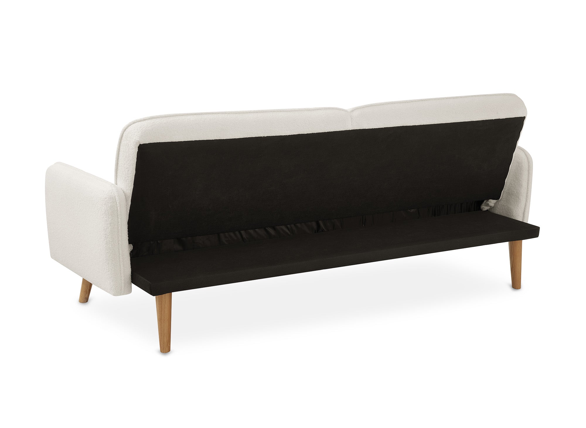 Sofá NATAL click-clack tapizado en tela bouclé color crudo con patas de madera