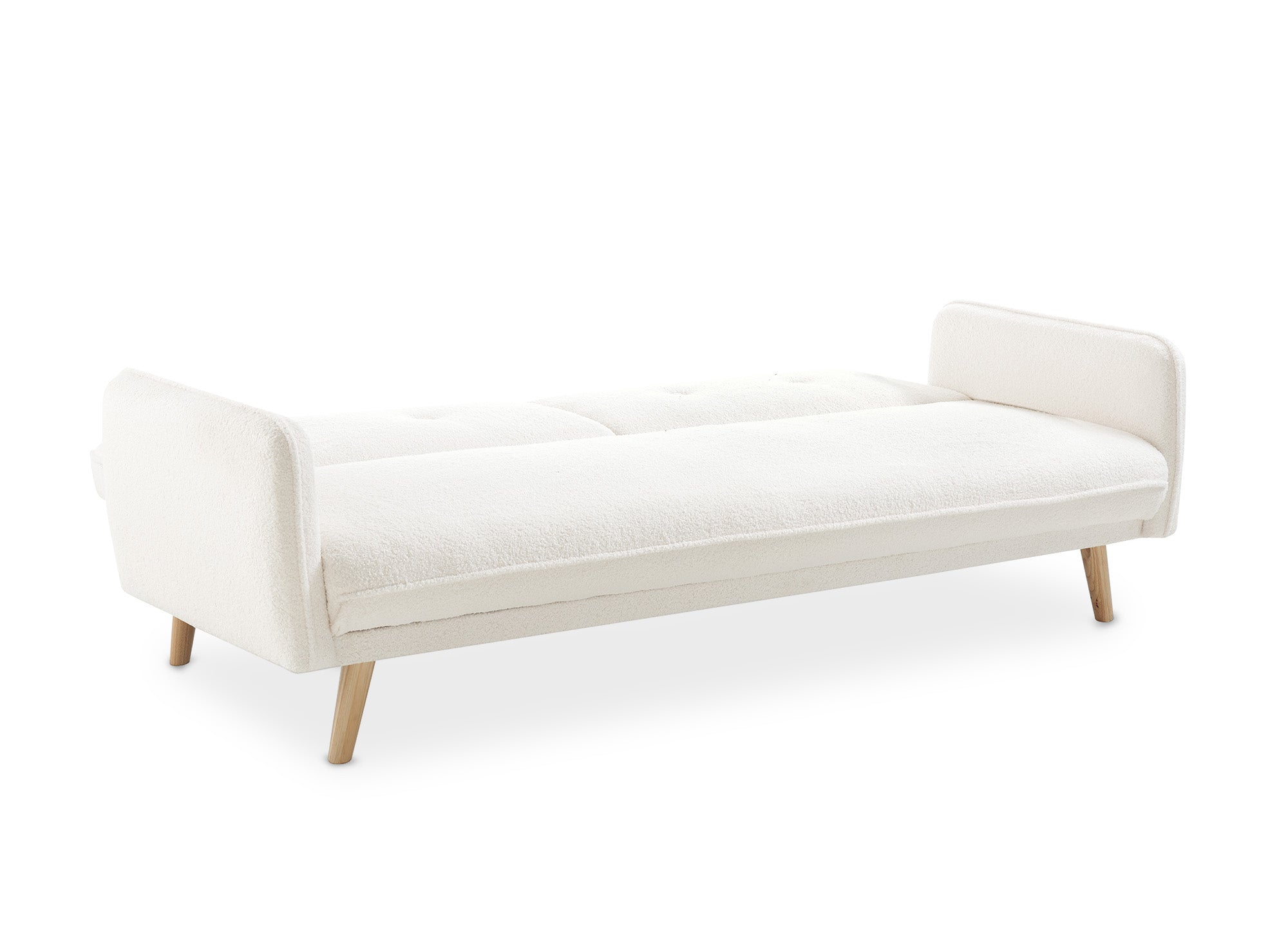 Sofá NATAL click-clack tapizado en tela bouclé color crudo con patas de madera