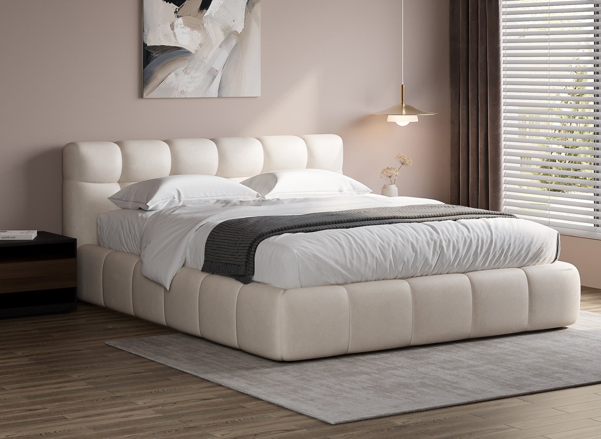 Cama doble GEORGINA de terciopelo beige, 140 x 190 cm