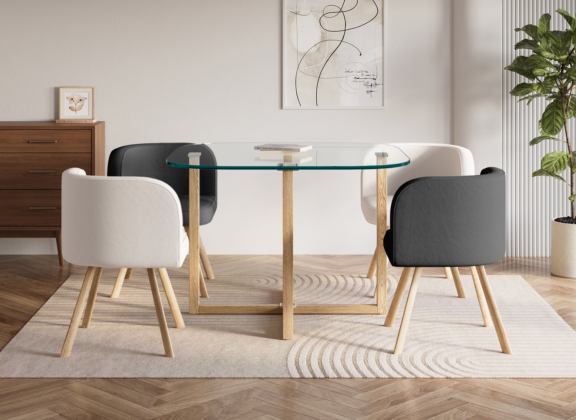 Mesa de comedor de cristal FLEN + 4 sillas blancas y negras