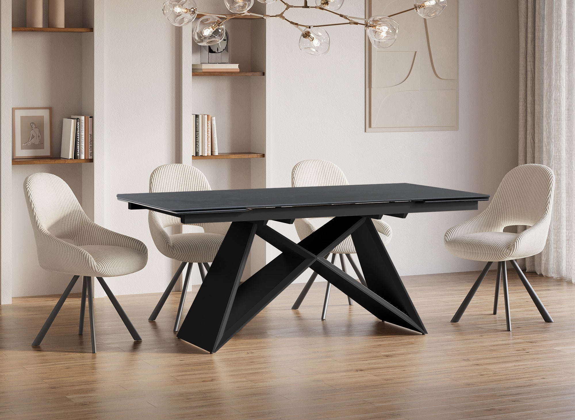 Mesa de comedor extensible GABRIEL en cerámica con efecto mármol negro