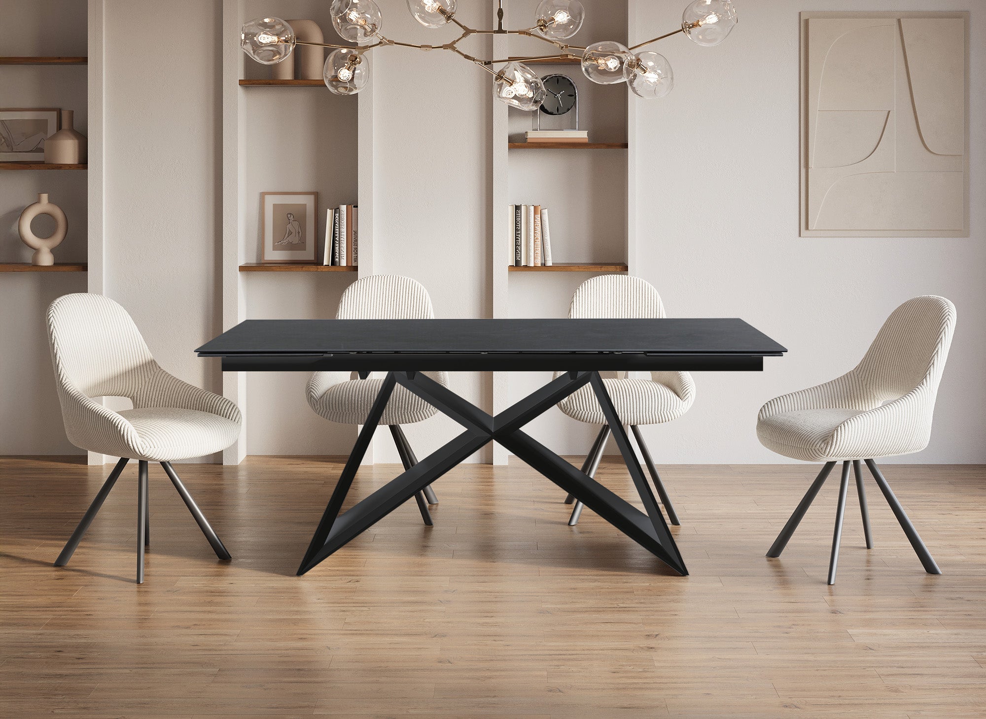 Mesa de comedor extensible GABRIEL en cerámica con efecto mármol negro