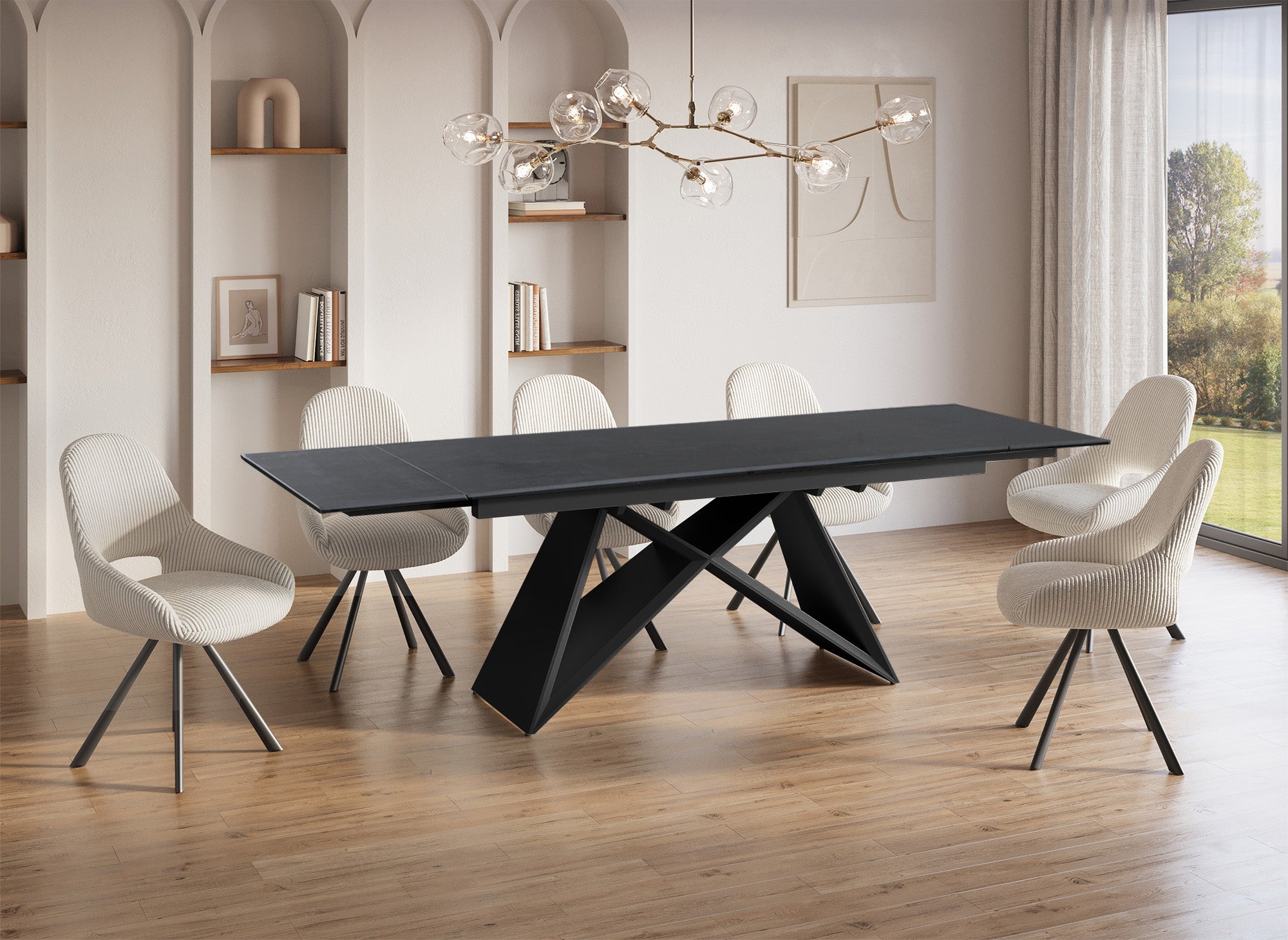 Mesa de comedor extensible GABRIEL en cerámica con efecto mármol negro