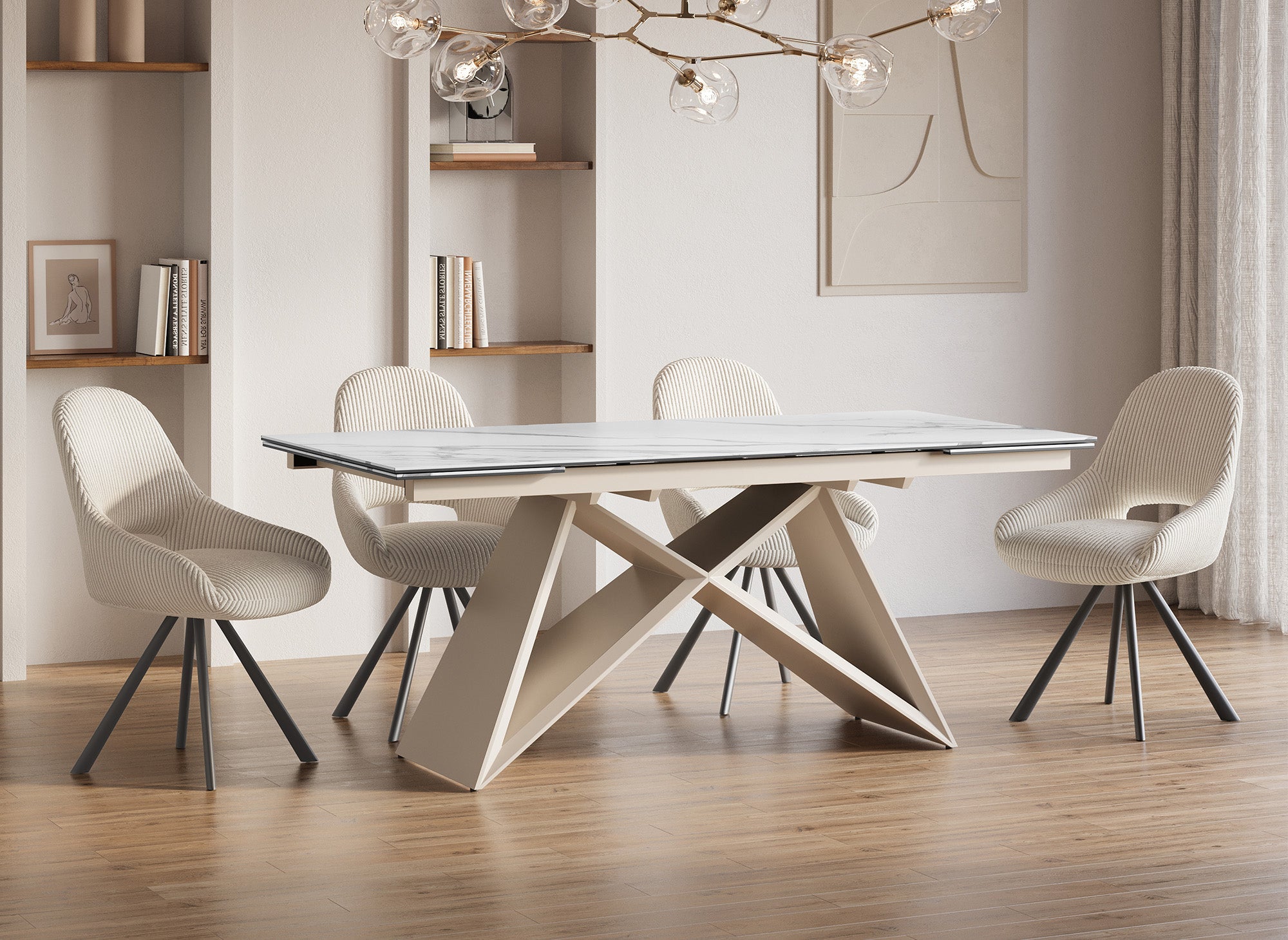 Mesa de comedor extensible GABRIEL en cerámica con efecto mármol blanco