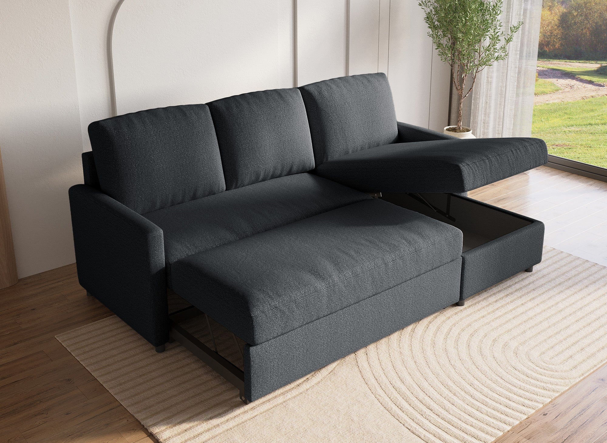 Sofá cama esquinero reversible ADAM con compartimento de almacenamiento en tela gris antracita