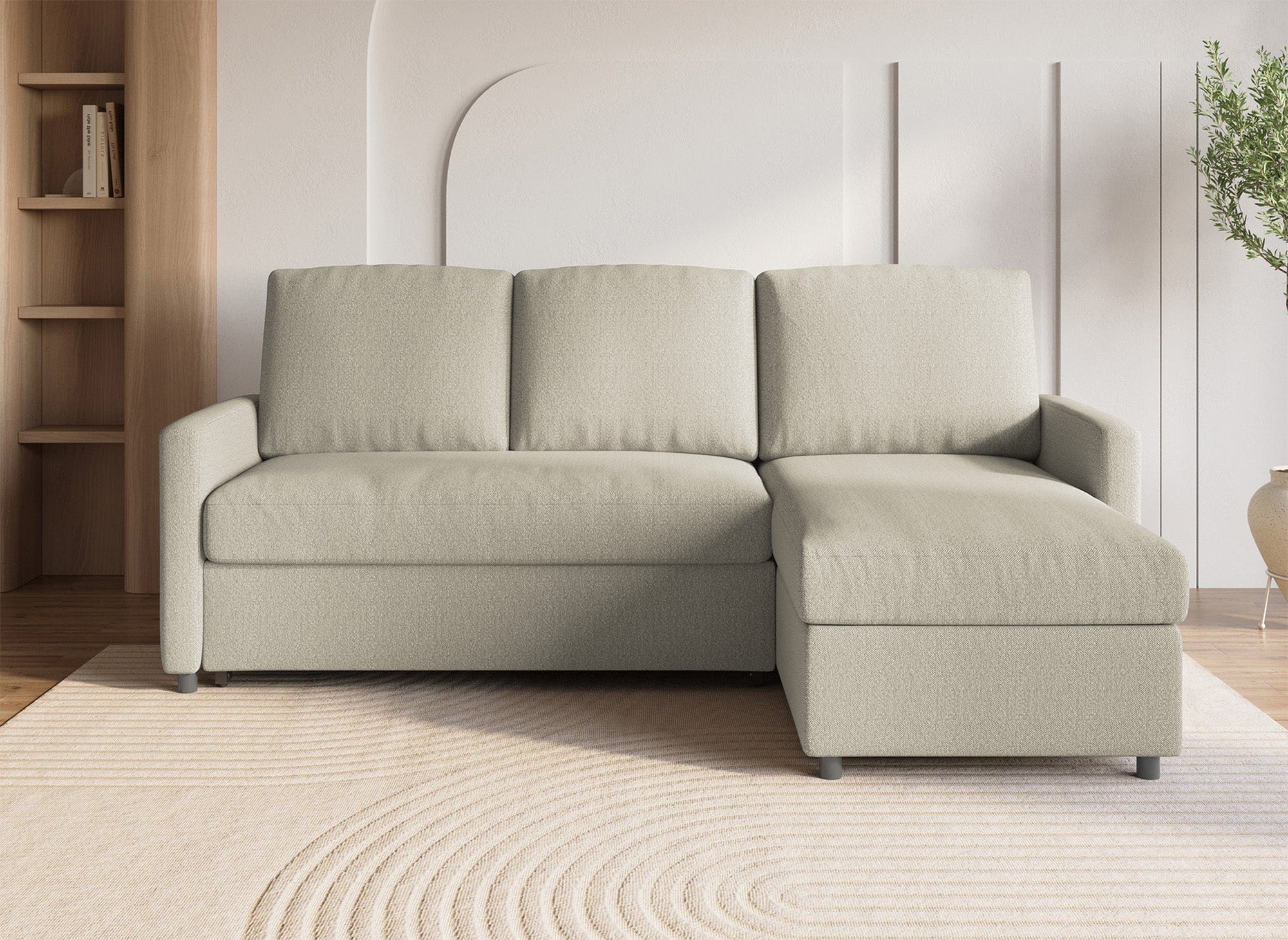 Sofá cama esquinero reversible ADAM con compartimento de almacenamiento en tela beige