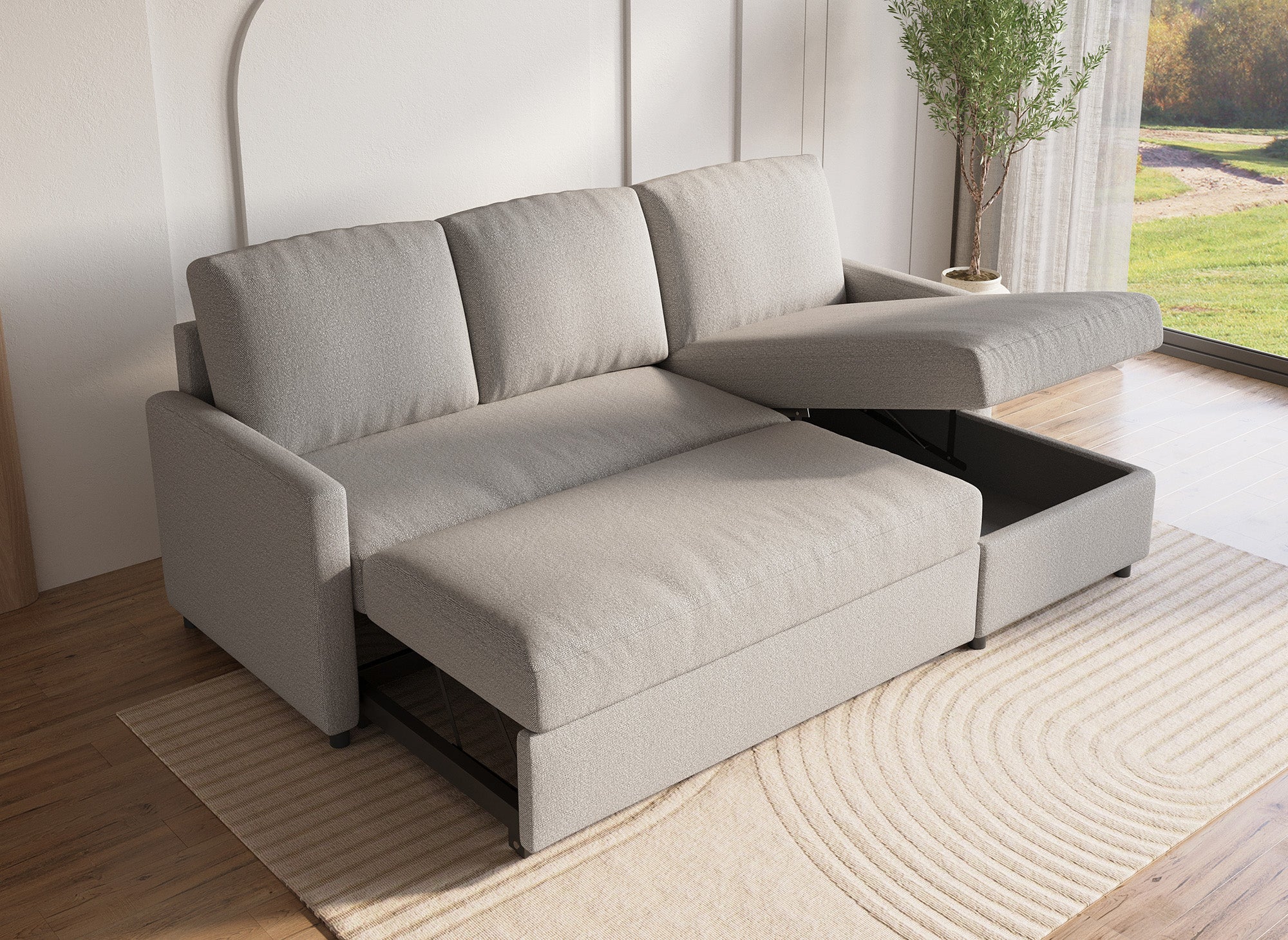 Sofá cama esquinero reversible ADAM con compartimento de almacenamiento en tela gris