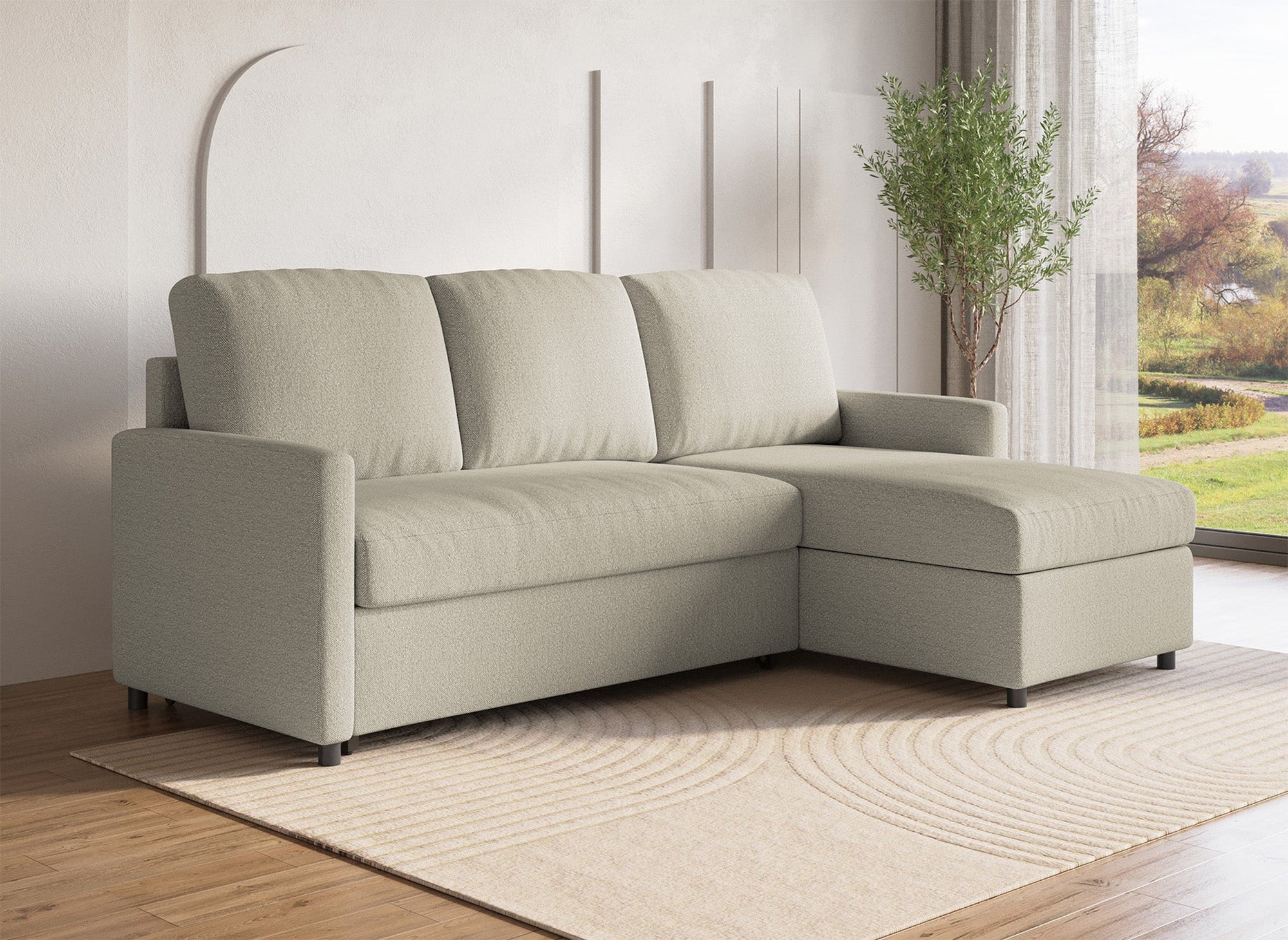 Sofá cama esquinero reversible ADAM con compartimento de almacenamiento en tela beige