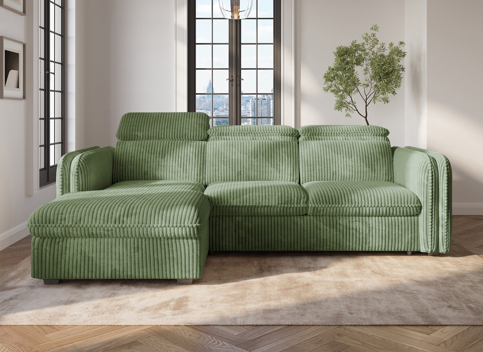 Sofá cama esquinero ISABELLA en pana gruesa verde claro - Esquina izquierda