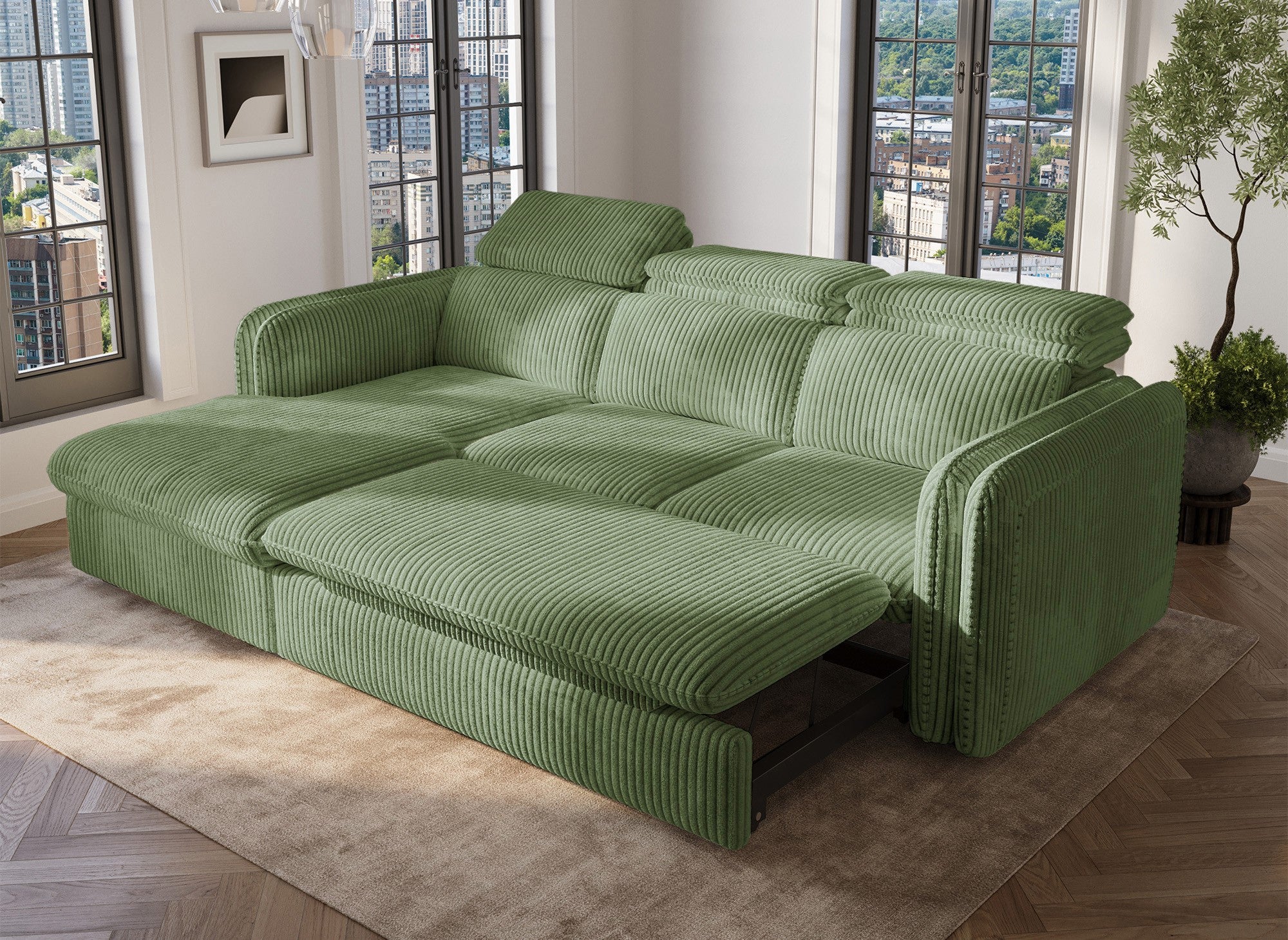 Sofá cama esquinero ISABELLA en pana gruesa verde claro - Esquina izquierda