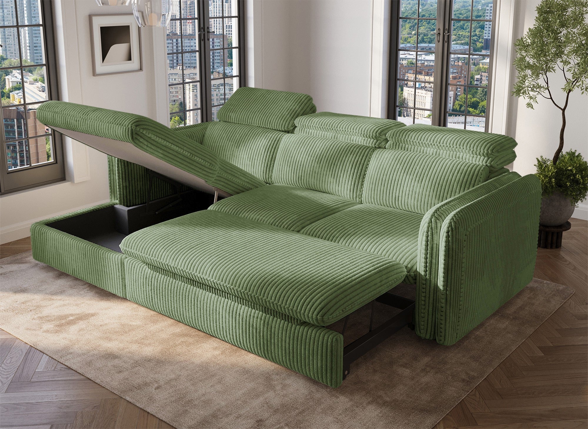 Sofá cama esquinero ISABELLA en pana gruesa verde claro - Esquina izquierda