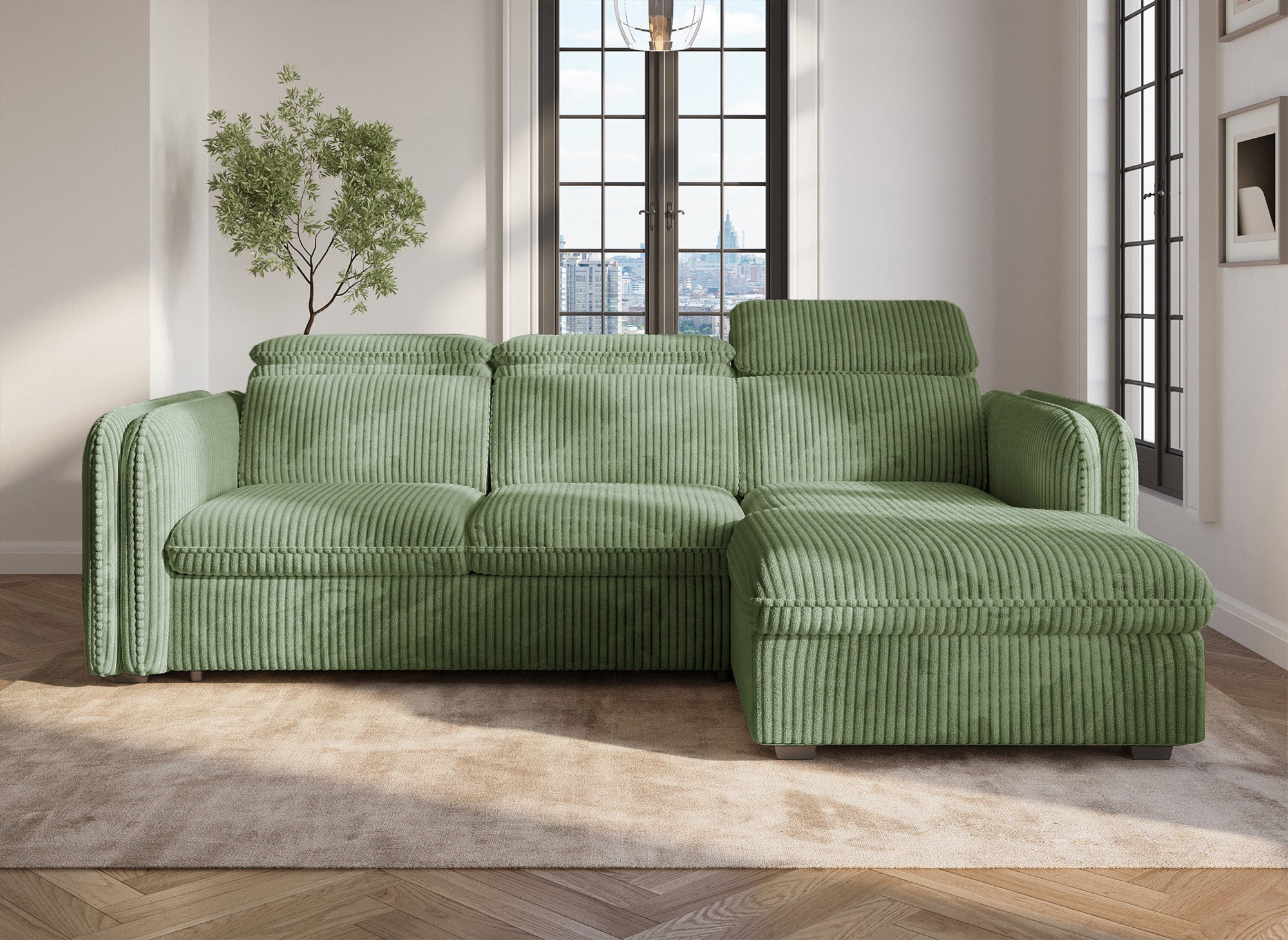 Sofá cama esquinero ISABELLA en pana gruesa verde claro - Esquina derecha