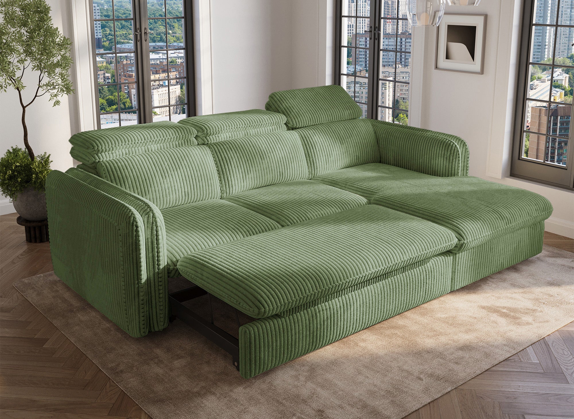 Sofá cama esquinero ISABELLA en pana gruesa verde claro - Esquina derecha