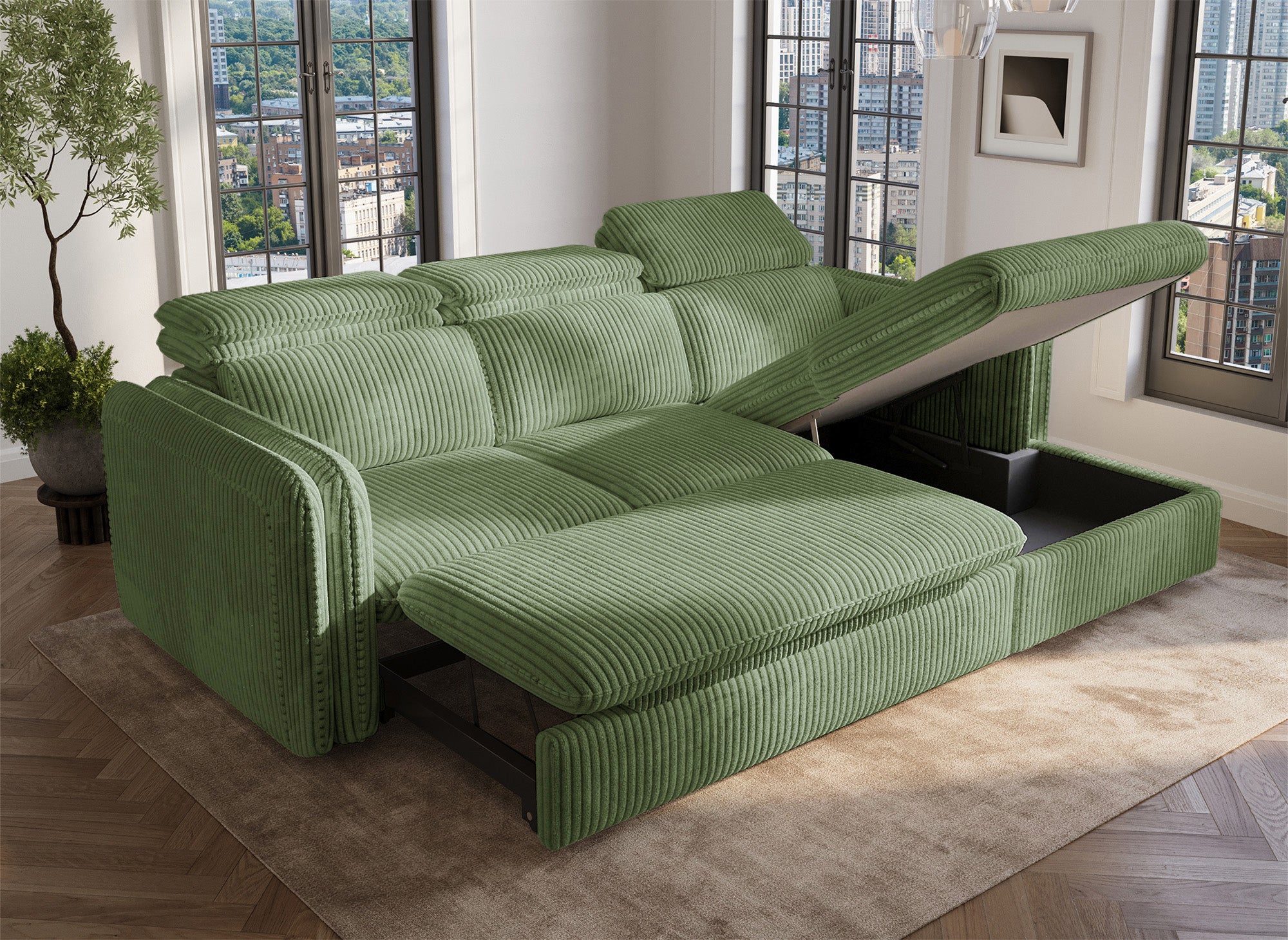 Sofá cama esquinero ISABELLA en pana gruesa verde claro - Esquina derecha