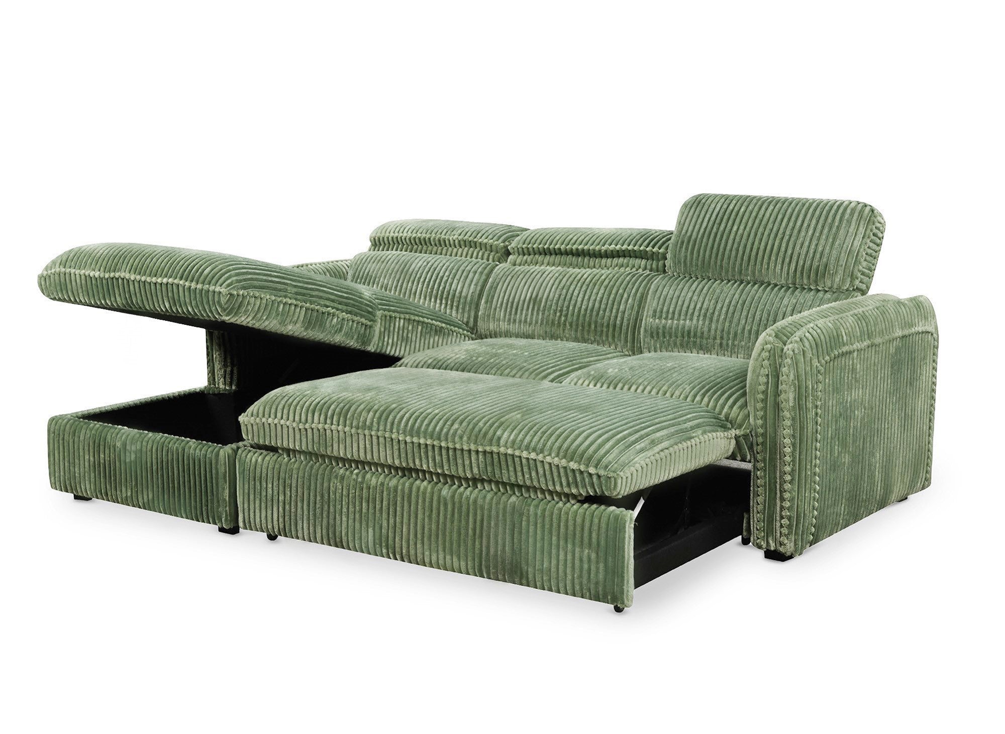 Sofá cama esquinero ISABELLA en pana gruesa verde claro - Esquina izquierda