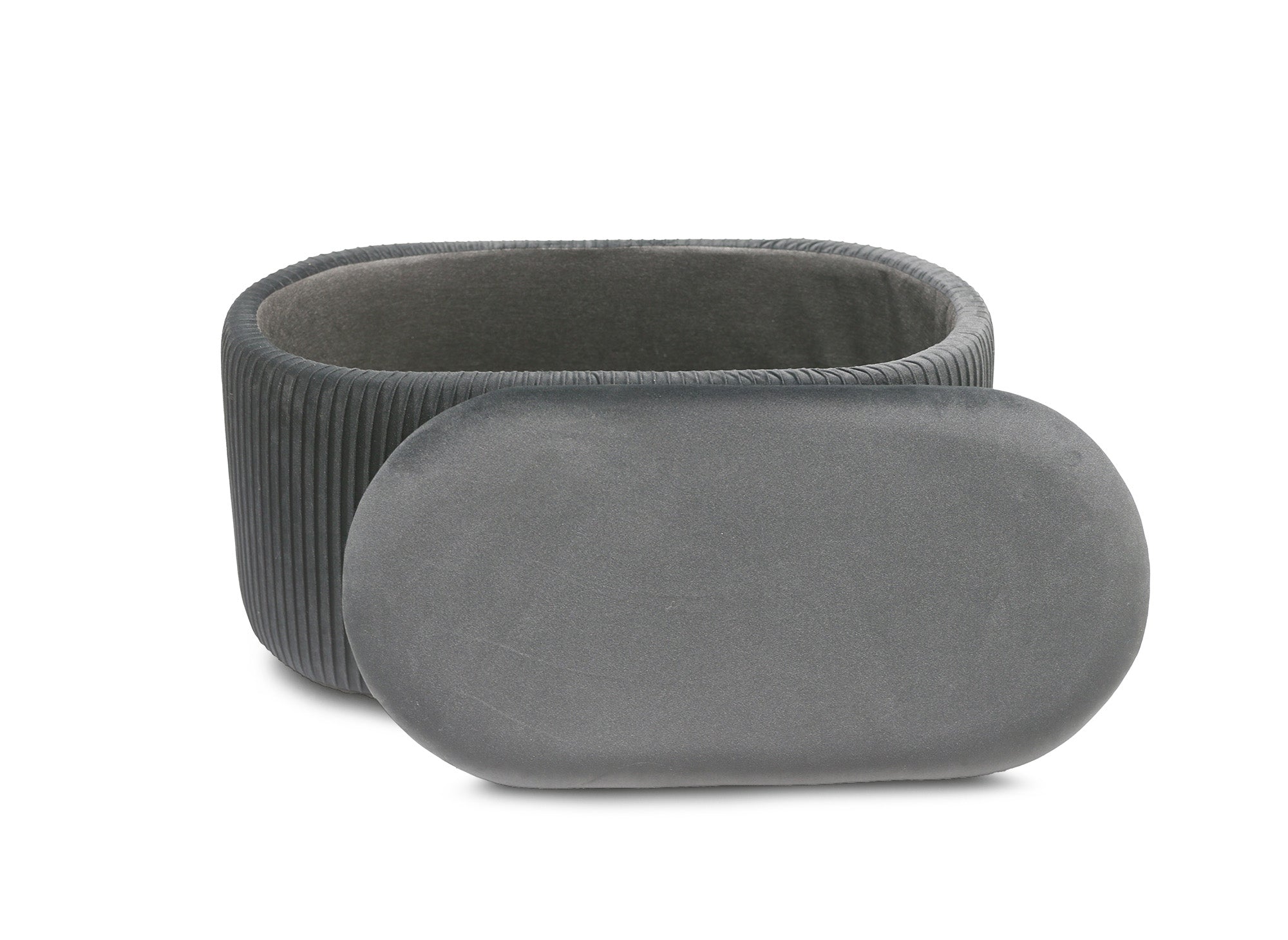 Banco MERY de terciopelo gris con compartimento de almacenamiento