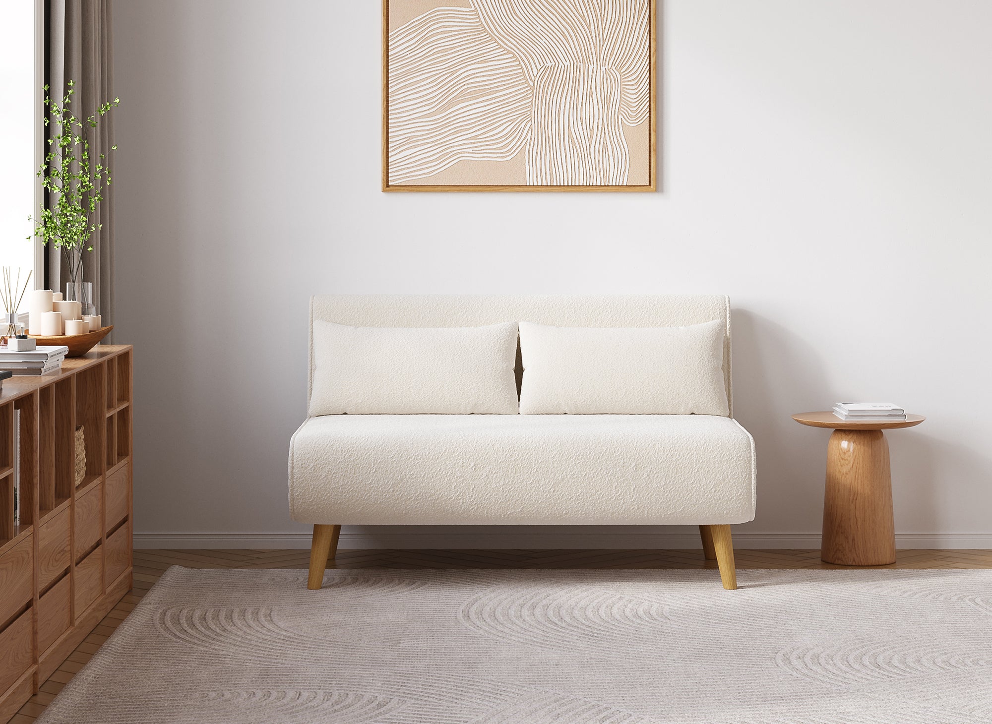 Sofá cama TONKA de 2 plazas en tejido efecto piel de oveja color blanco roto