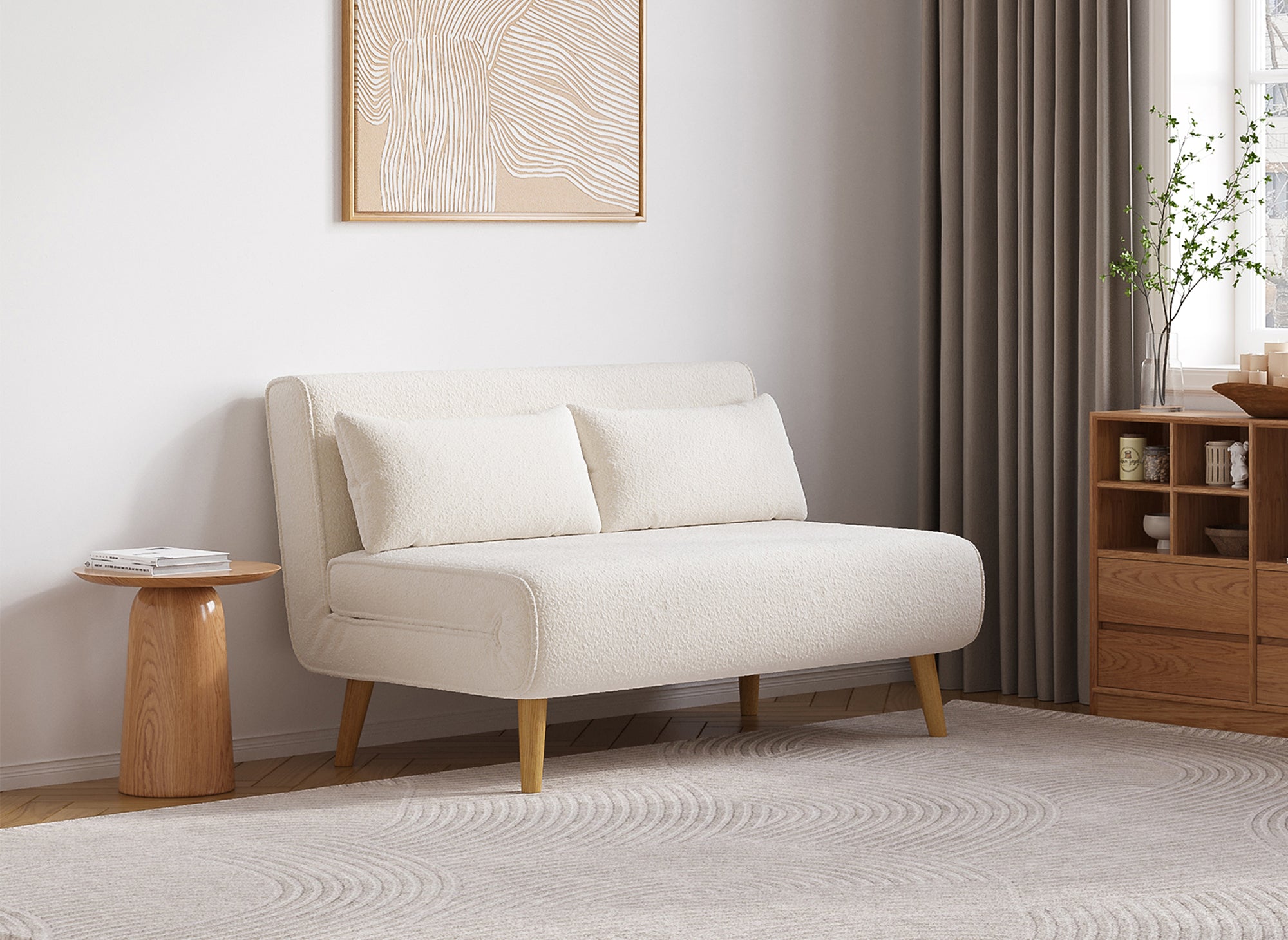 Sofá cama TONKA de 2 plazas en tejido efecto piel de oveja color blanco roto