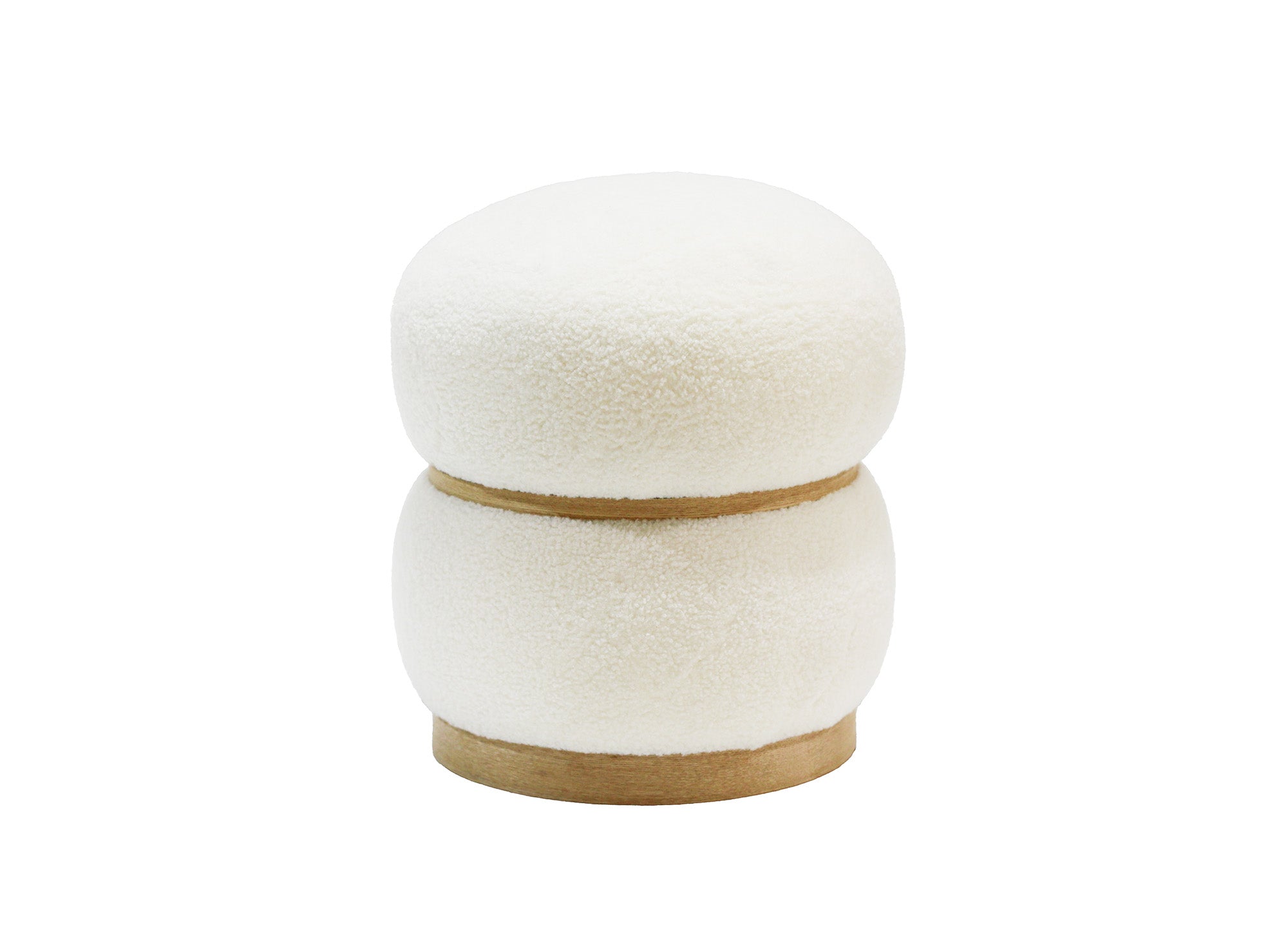 Puf de diseño SNOW en tejido color crudo con efecto piel de oveja y madera