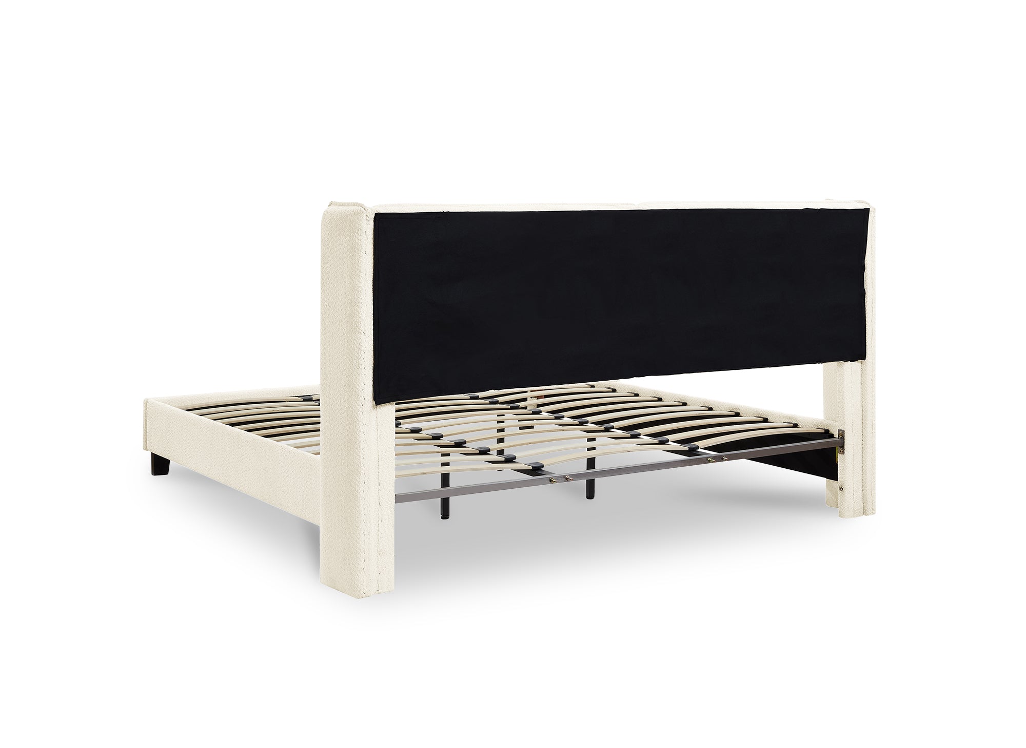 Cama doble KAYDEN de 160x200 cm, tapizada en tela efecto piel de oveja color beige.