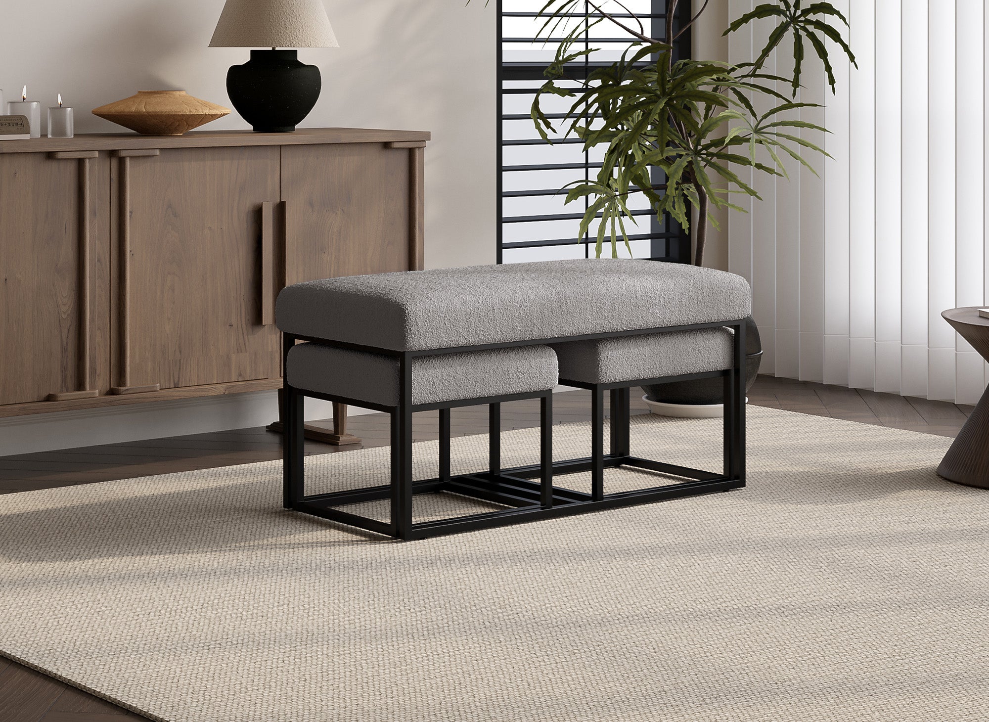 Banco BECKIE con reposapiés en tela bouclé gris y patas de metal negro