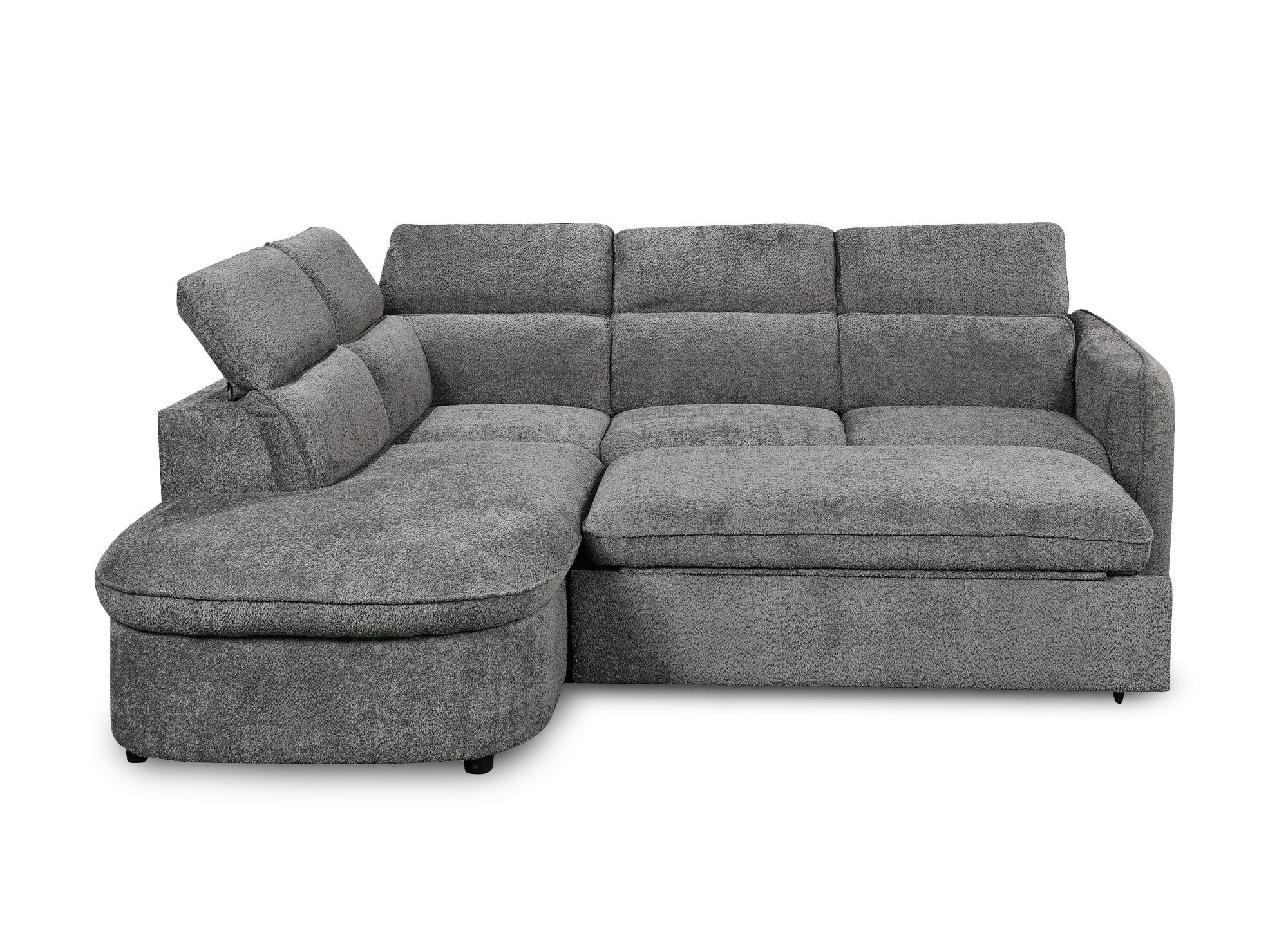 Sofá cama esquinero BAYA con compartimento de almacenaje en tejido bouclé gris - esquina izquierda