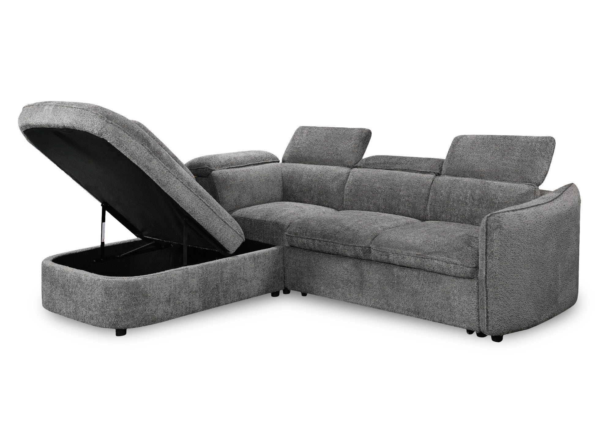 Sofá cama esquinero BAYA con compartimento de almacenaje en tejido bouclé gris - esquina izquierda