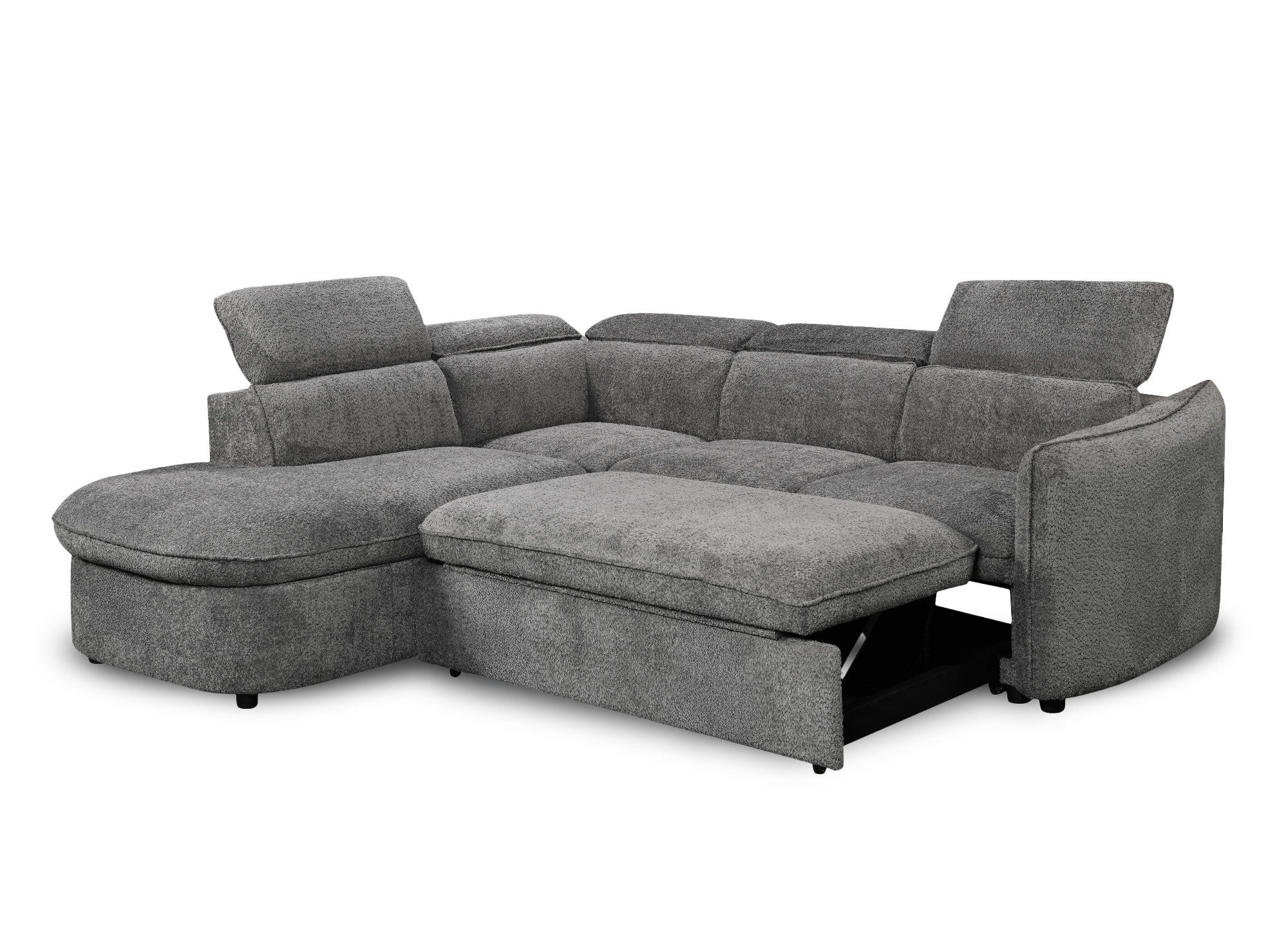Sofá cama esquinero BAYA con compartimento de almacenaje en tejido bouclé gris - esquina izquierda