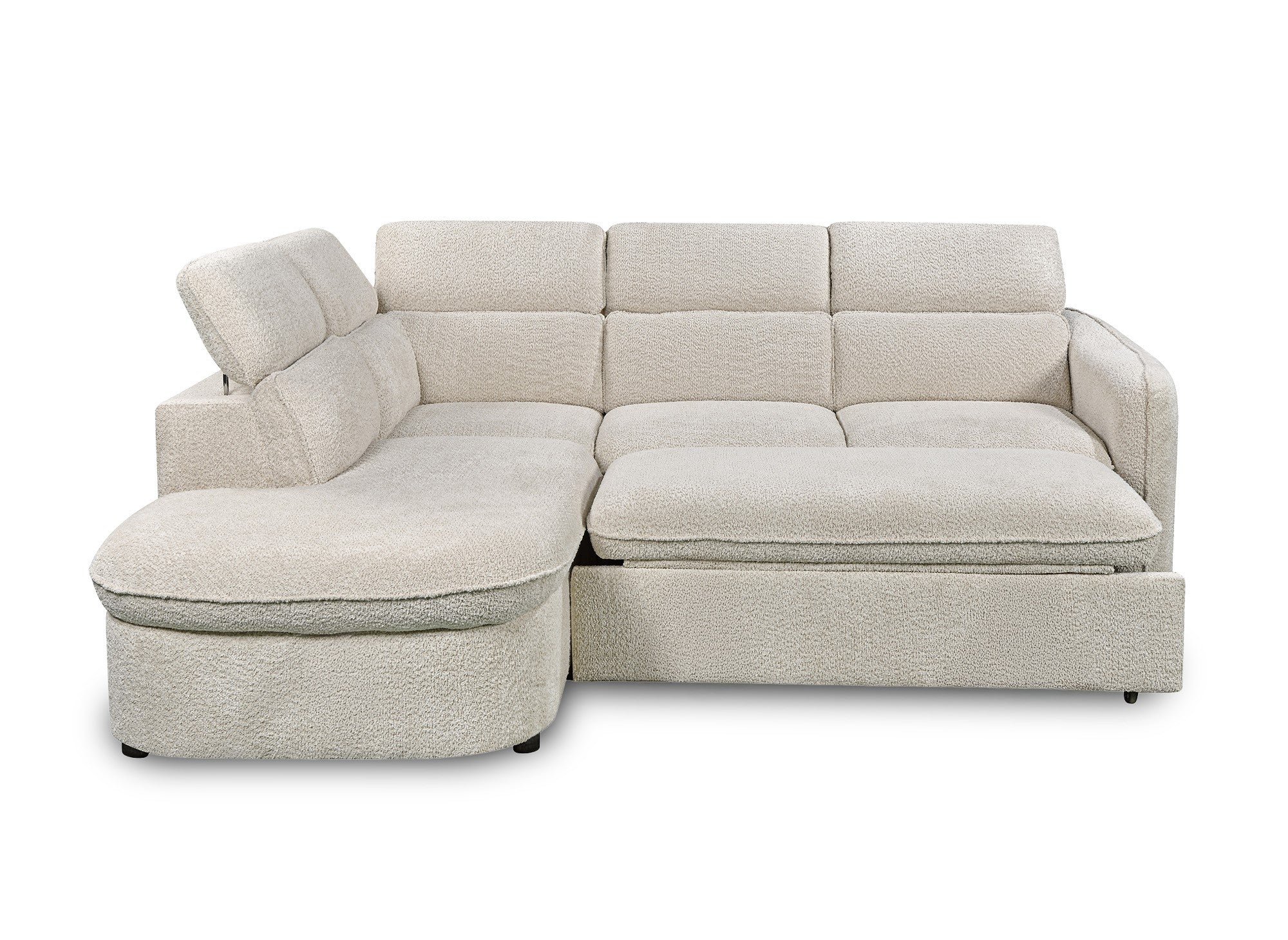 Sofá esquinero convertible BAYA con compartimento de almacenamiento en tela bouclé color crudo - esquina izquierda