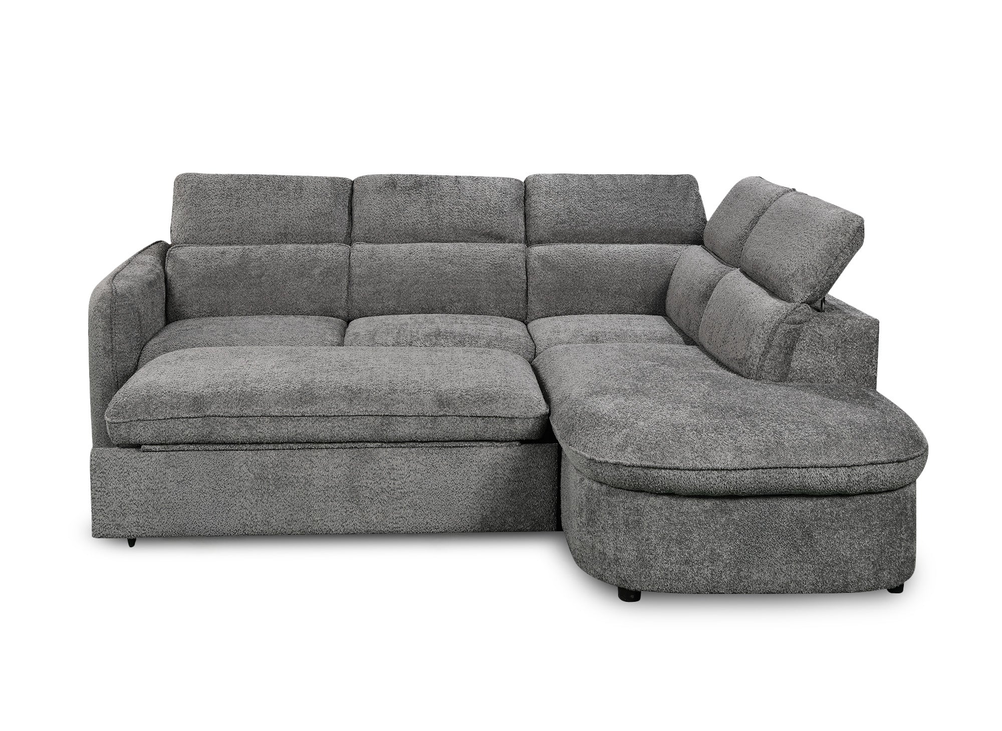 Sofá cama esquinero BAYA con compartimento de almacenaje en tejido bouclé gris - esquina derecha