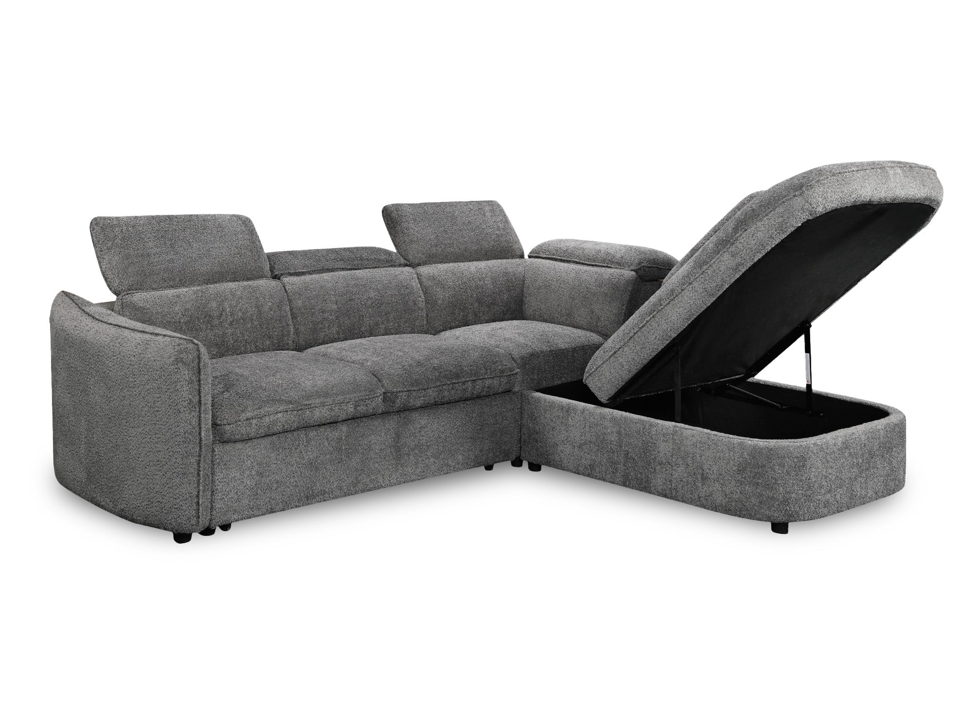Sofá cama esquinero BAYA con compartimento de almacenaje en tejido bouclé gris - esquina derecha