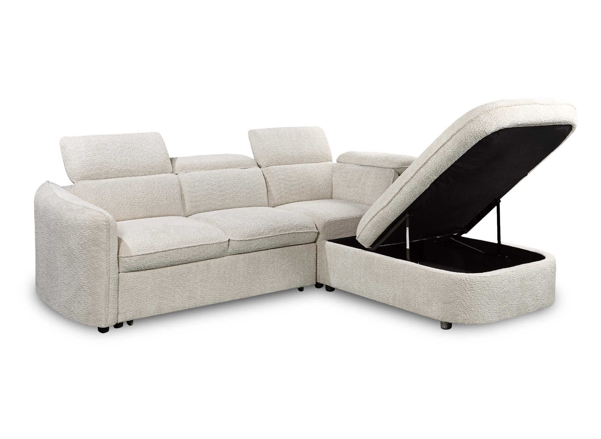 Sofá esquinero convertible BAYA con compartimento de almacenamiento en tela bouclé color crudo - esquina derecha