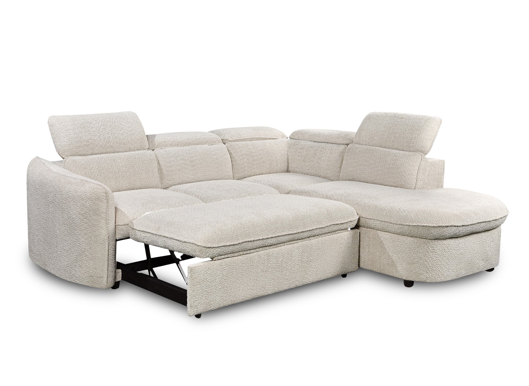 Sofá esquinero convertible BAYA con compartimento de almacenamiento en tela bouclé color crudo - esquina derecha