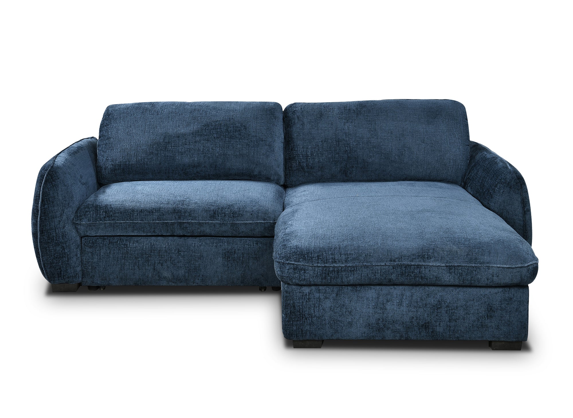 Sofá esquinero convertible y reversible LIORA con almacenaje en terciopelo azul jaspeado