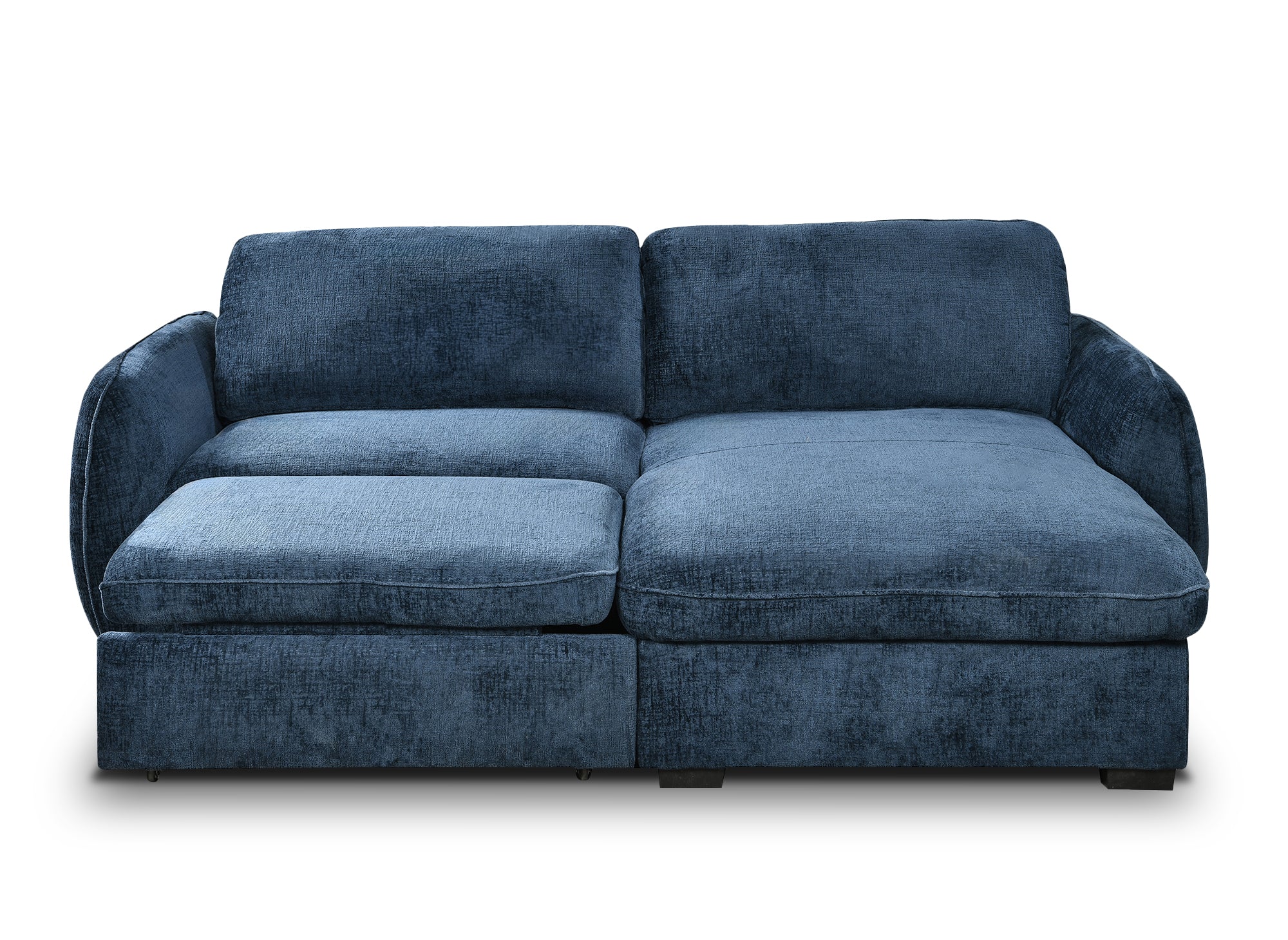 Sofá esquinero convertible y reversible LIORA con almacenaje en terciopelo azul jaspeado