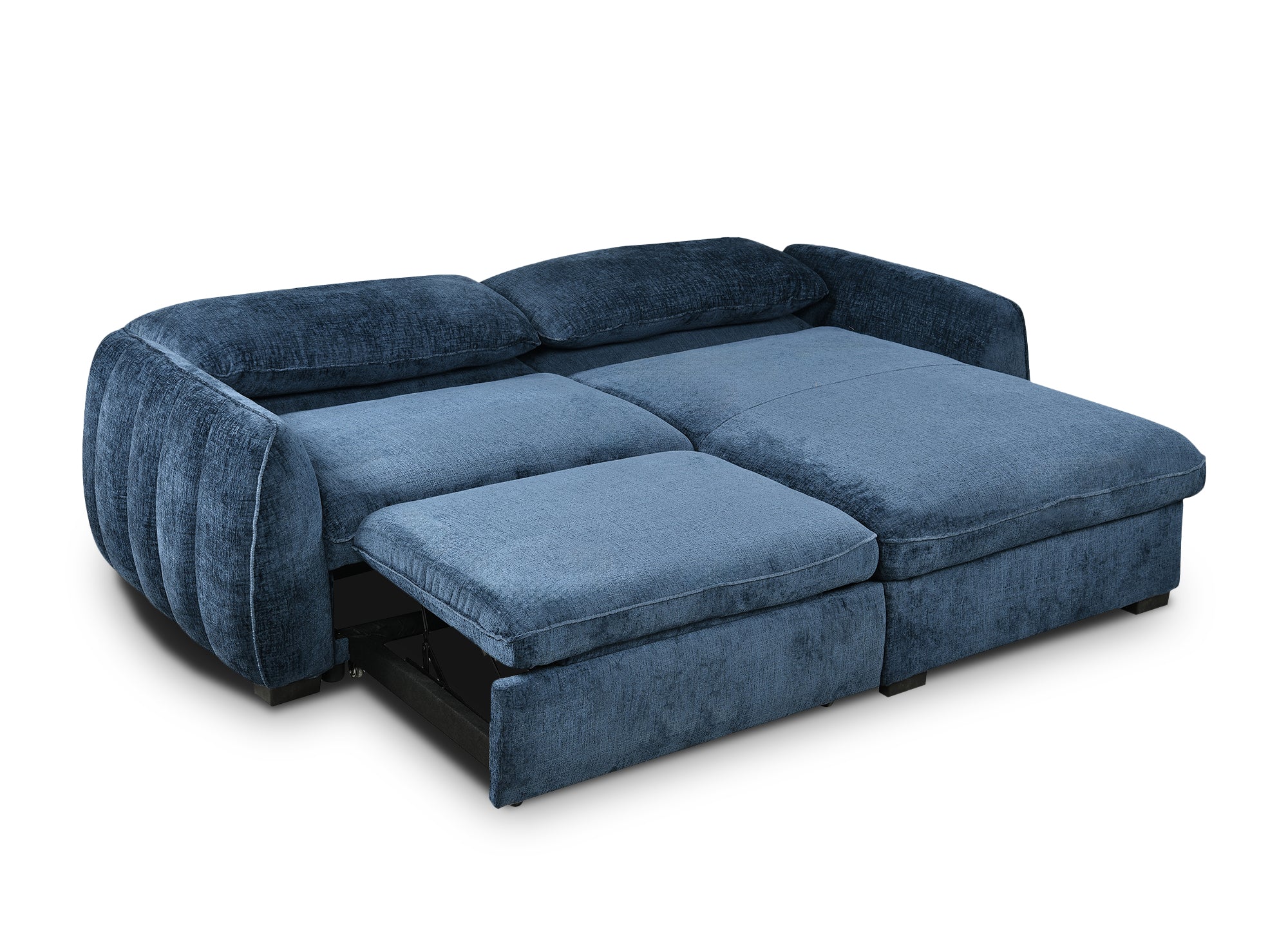 Sofá esquinero convertible y reversible LIORA con almacenaje en terciopelo azul jaspeado