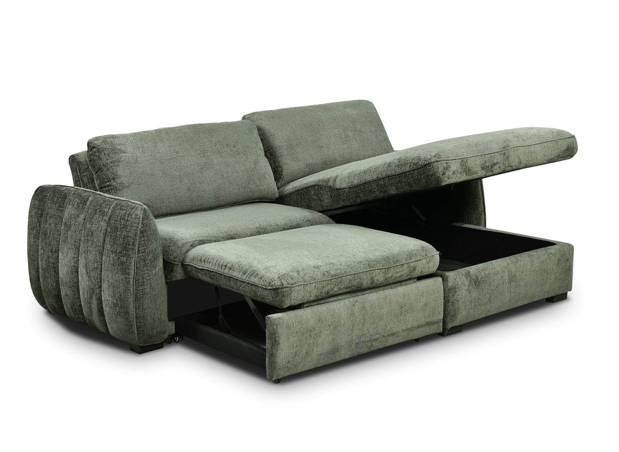 Sofá esquinero convertible y reversible LIORA con almacenaje en terciopelo verde caqui jaspeado