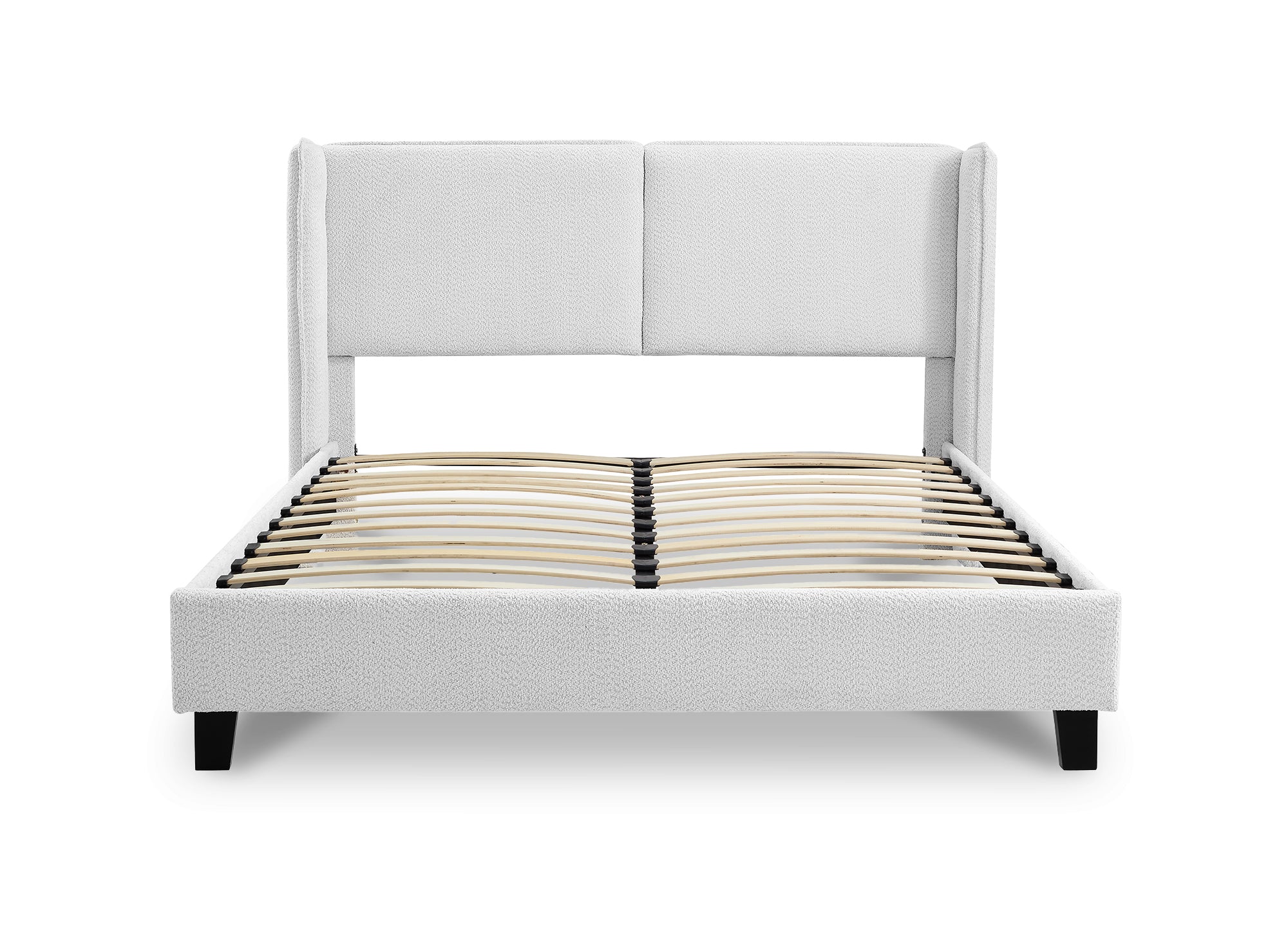 Cama doble KAYDEN de 160x200 cm, tapizada en tela con efecto piel de oveja gris claro.