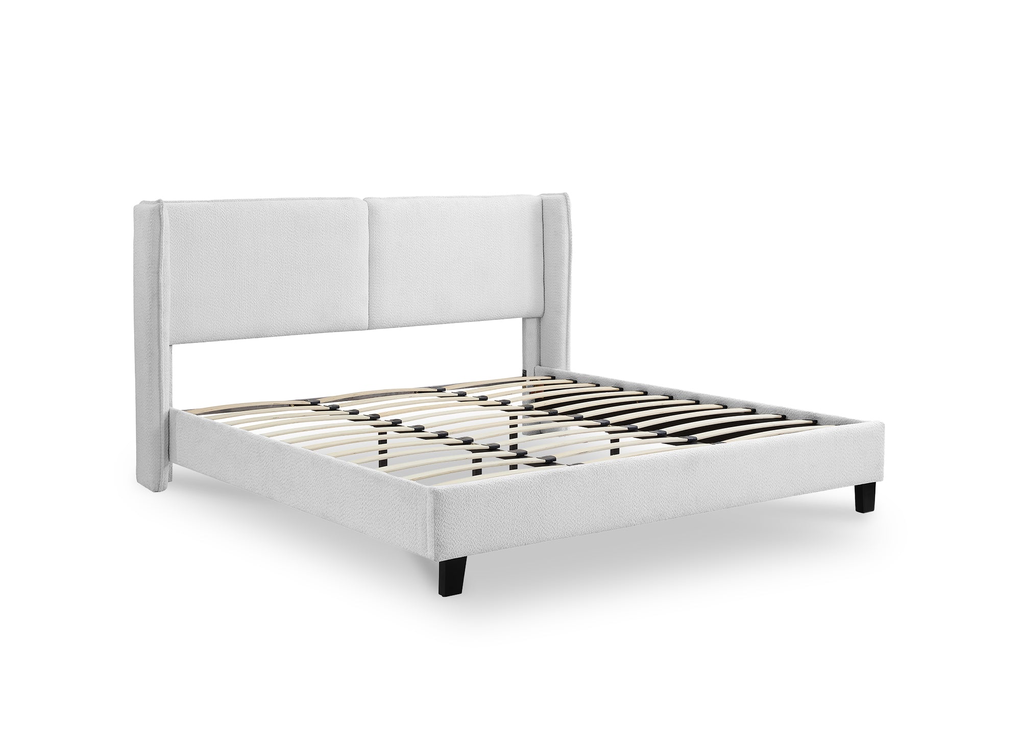 Cama doble KAYDEN de 140x190 cm, tapizada en tela con efecto piel de oveja gris claro.