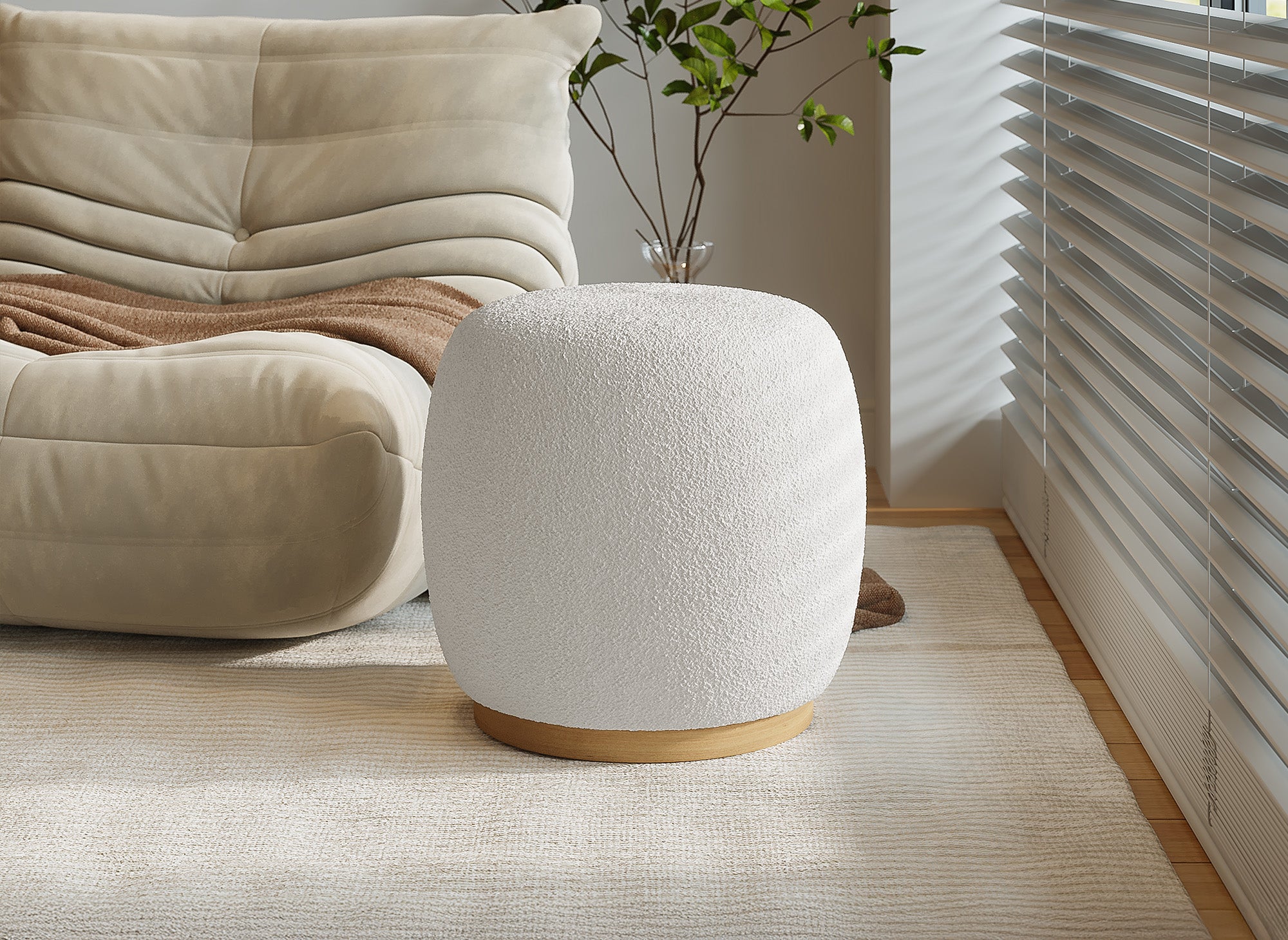 Puf VALEA en tejido efecto piel de oveja color blanco roto y madera