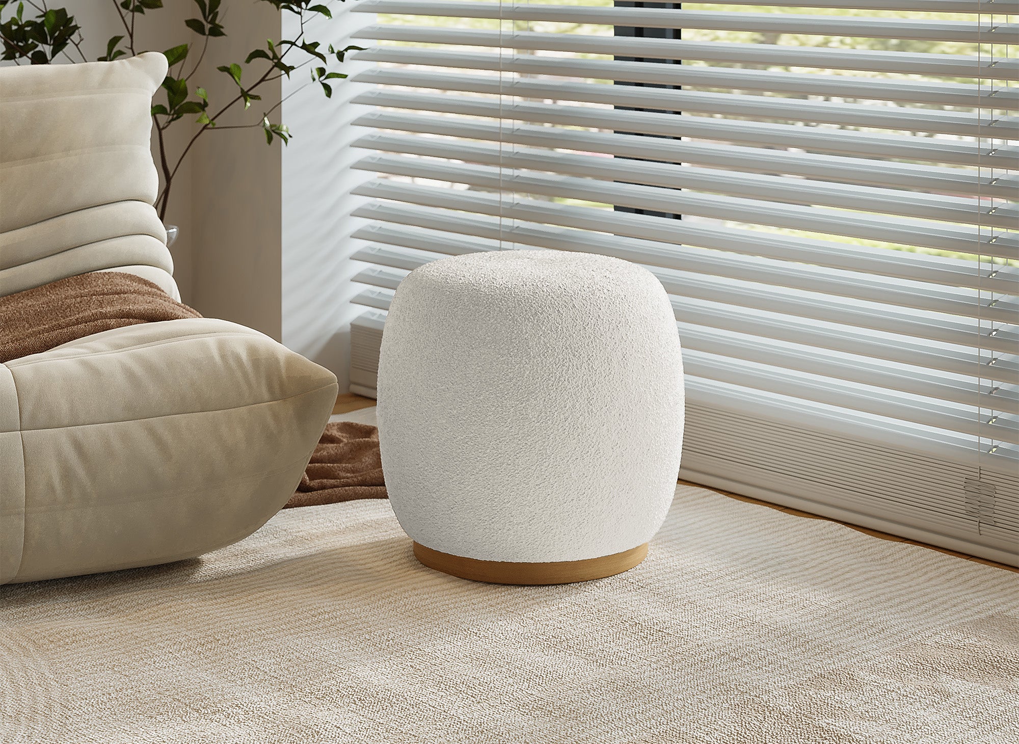 Puf VALEA en tejido efecto piel de oveja color blanco roto y madera