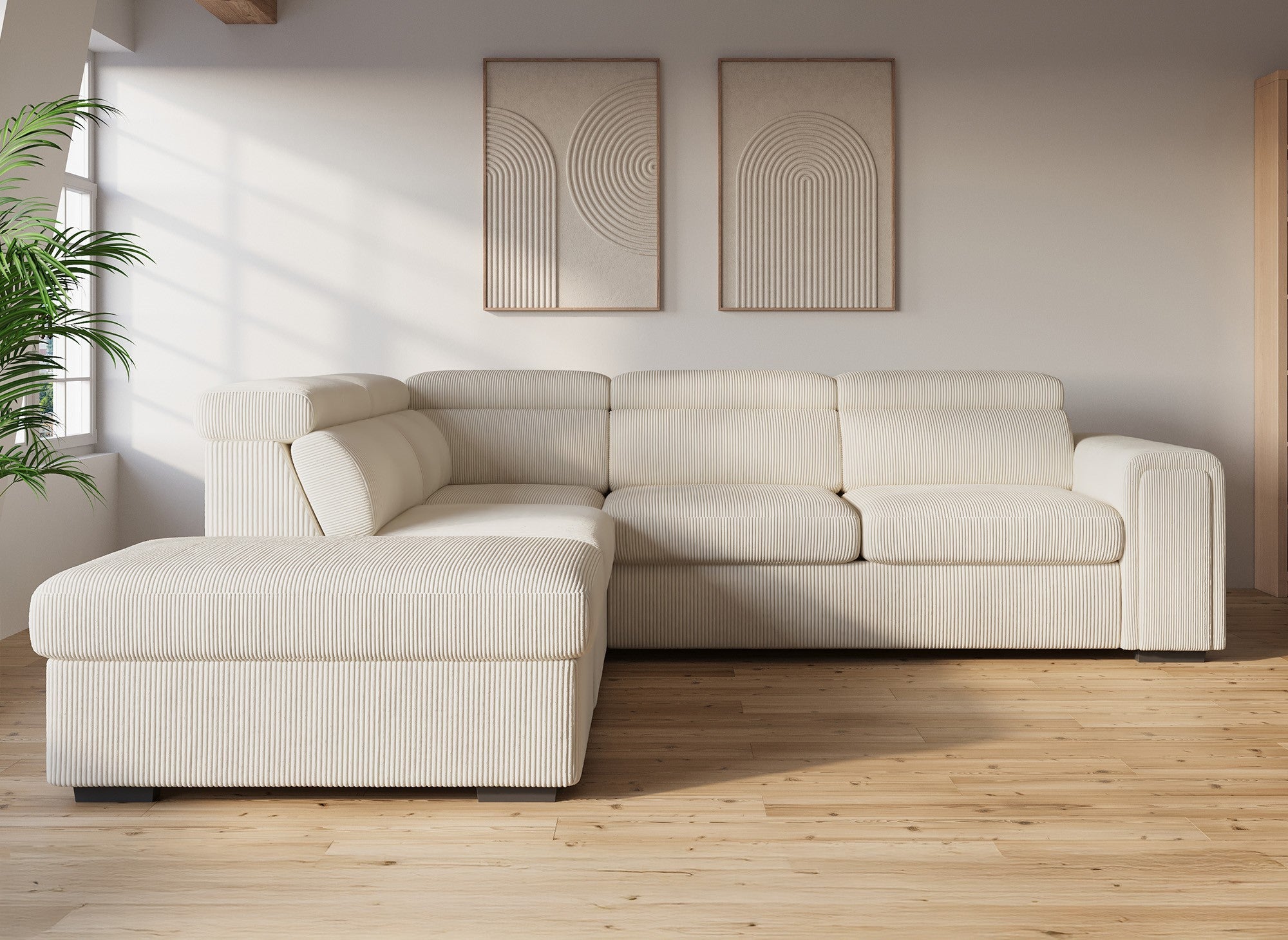 Sofá cama esquinero ZENOVA con almacenaje en pana gruesa color beige - Esquina izquierda