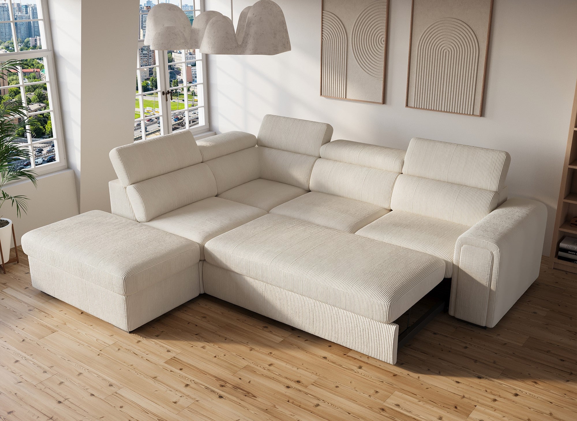 Sofá cama esquinero ZENOVA con almacenaje en pana gruesa color beige - Esquina izquierda