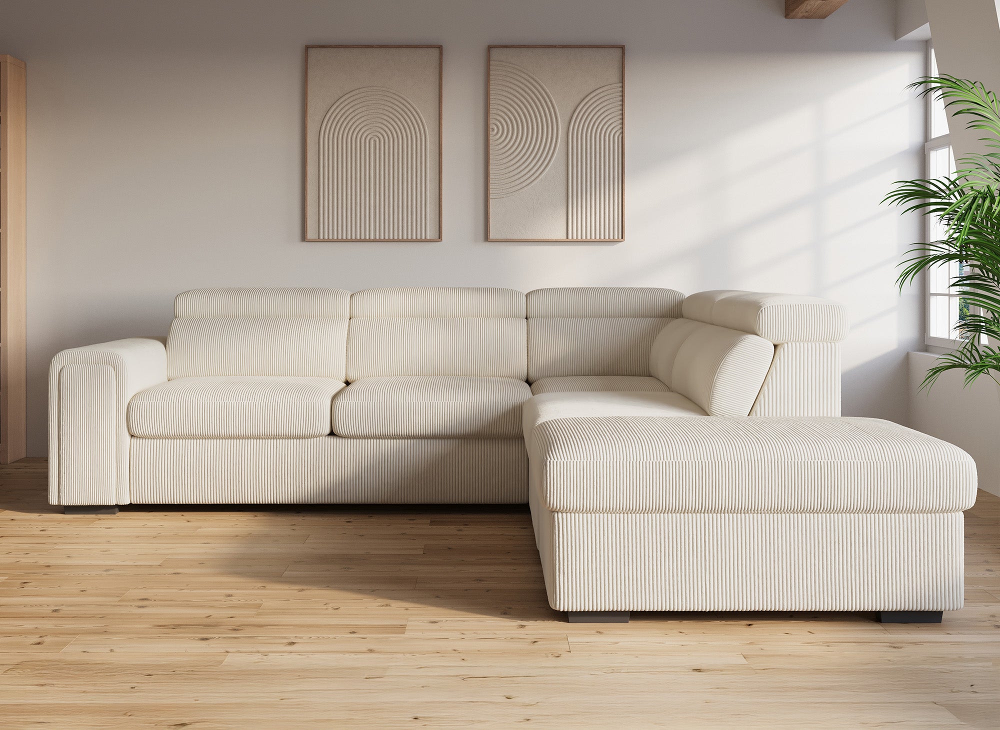 Sofá cama esquinero ZENOVA con almacenaje en pana gruesa color beige - Esquina derecha